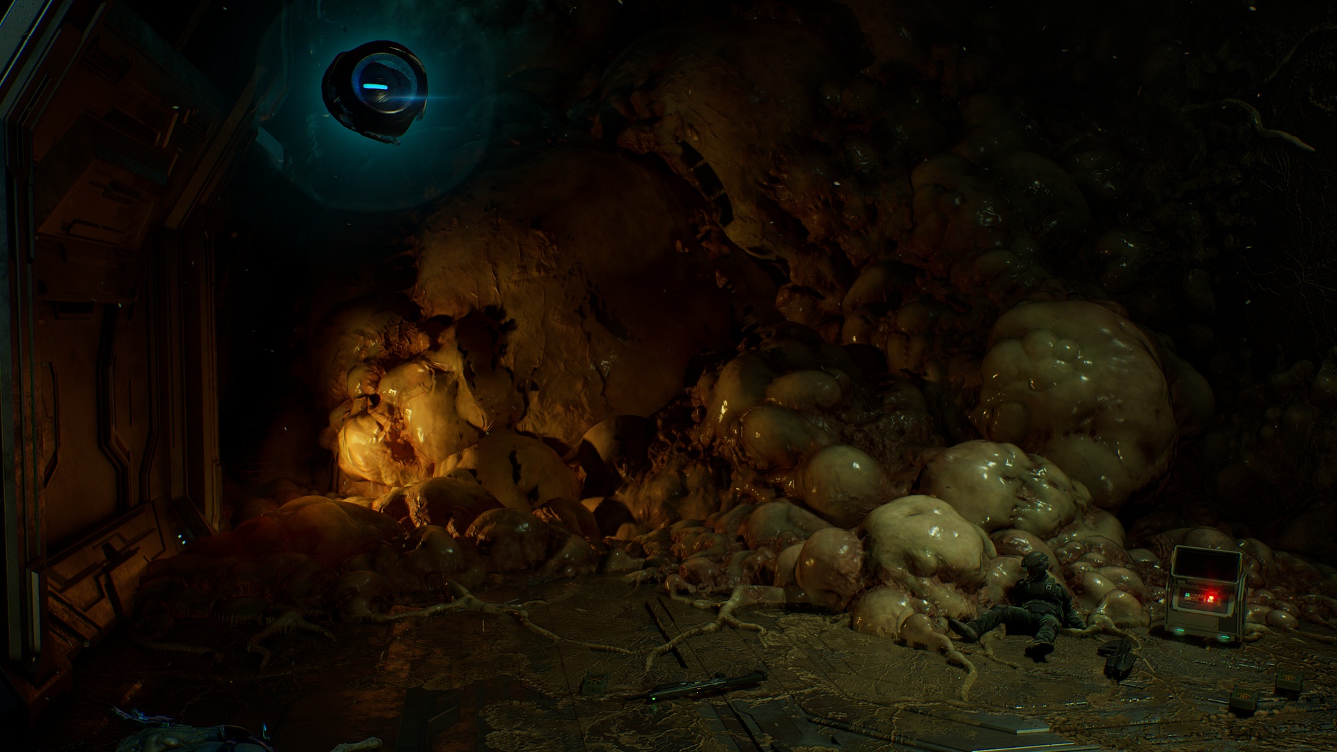 Halo: Campaign Evolved screenshot of 343 Guilty Spark looking at Marvin Mobuto's body