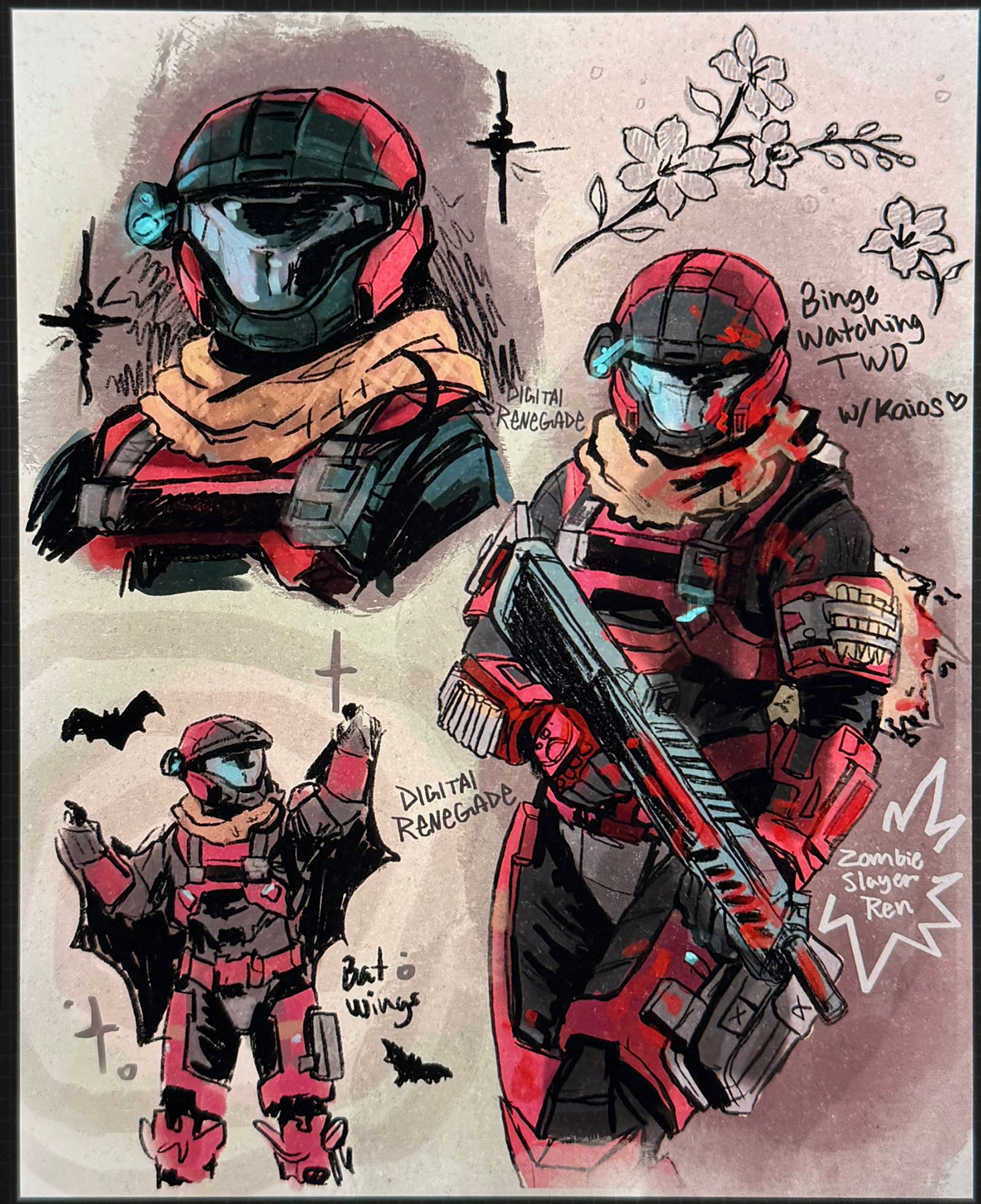 Art by DigitaiRen. A character sheet showing multiple views of a Spartan OC.