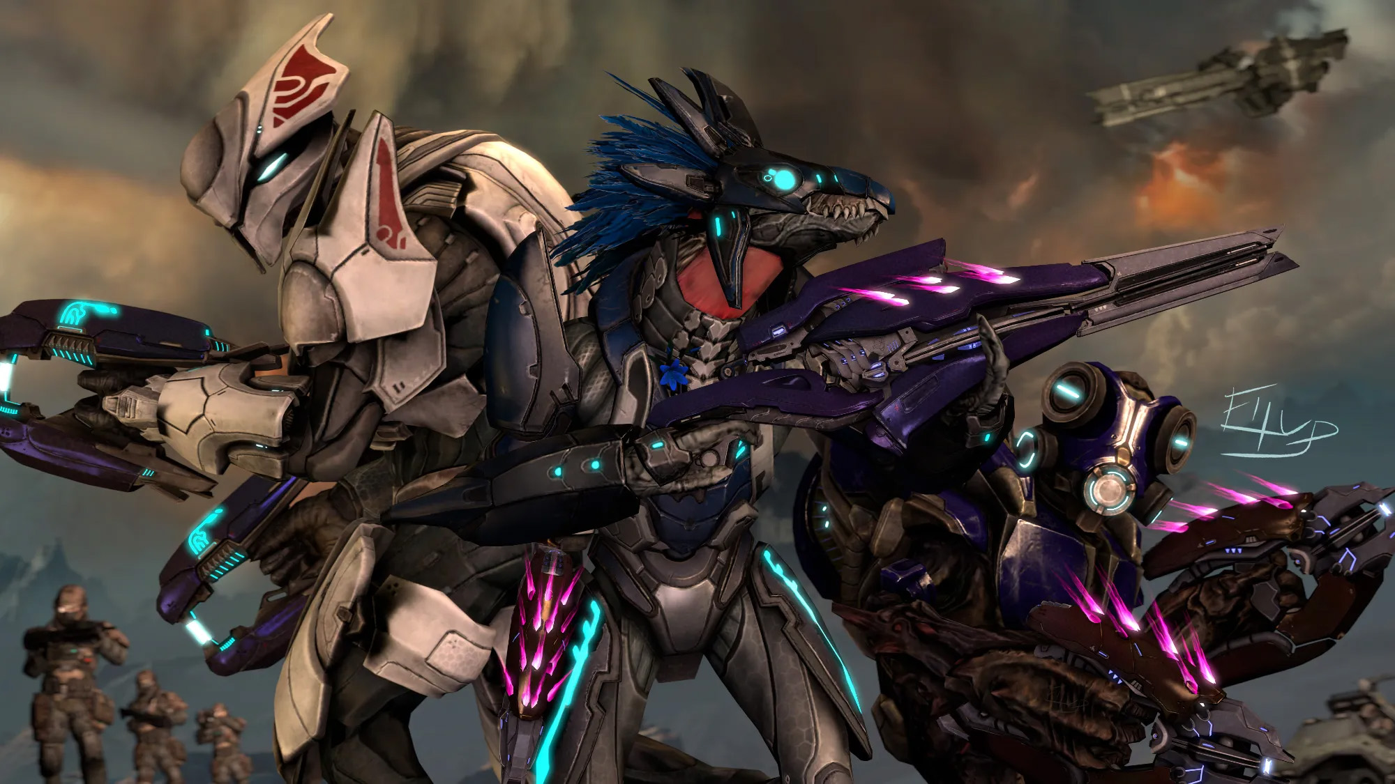 Art by Eltup. An Elite Ultra, a Kig-Yar ranger, and an armored Grunt are surrounded by UNSC allies.