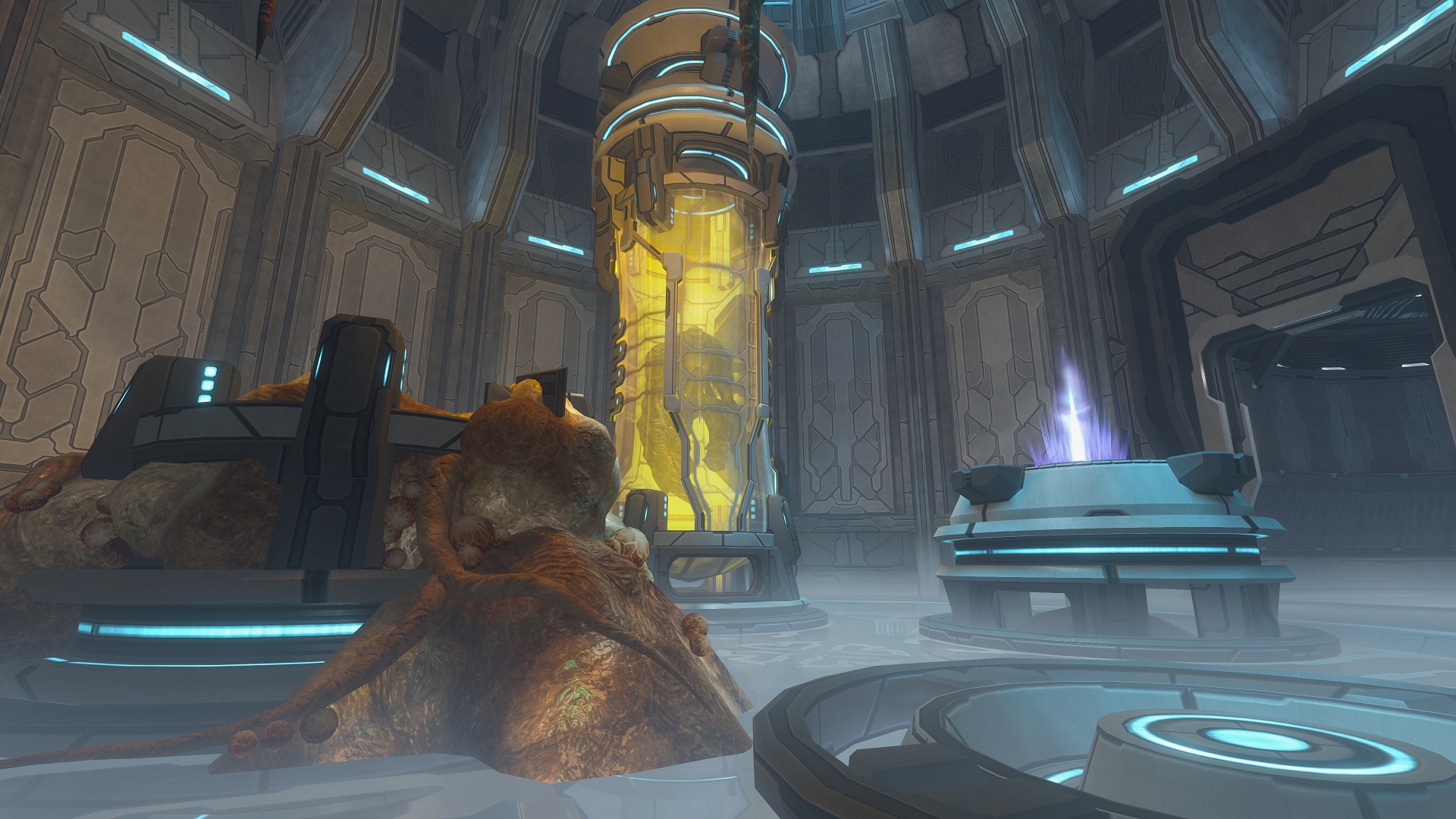 Halo 3 screenshot of a Flood tank form in a stasis tube on Cold Storage