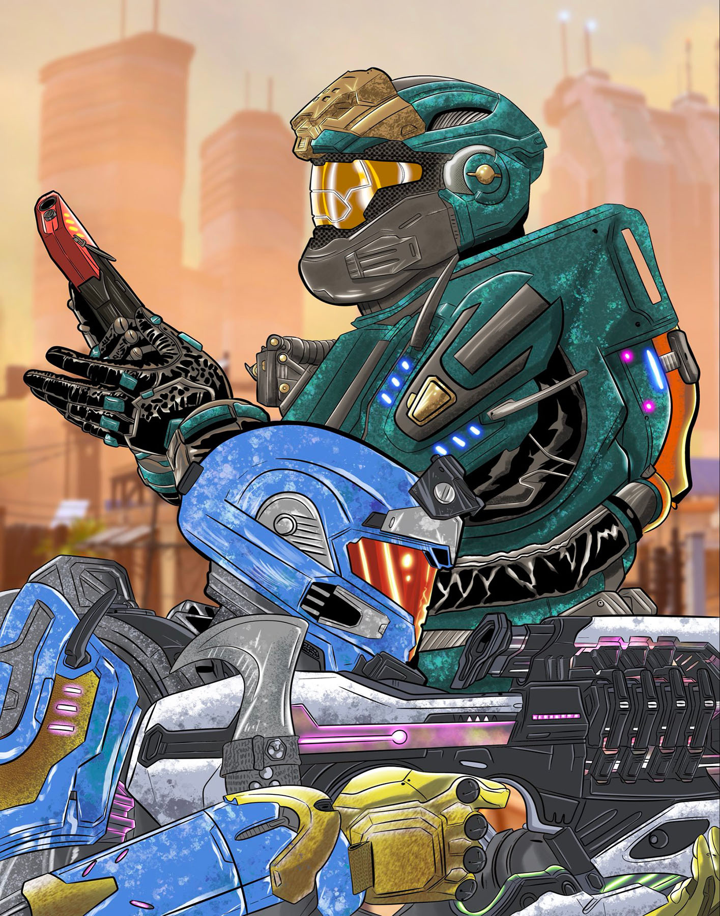 Art by Halo_CTC. Two Spartans wearing variegated armor take aim at unseen enemies.