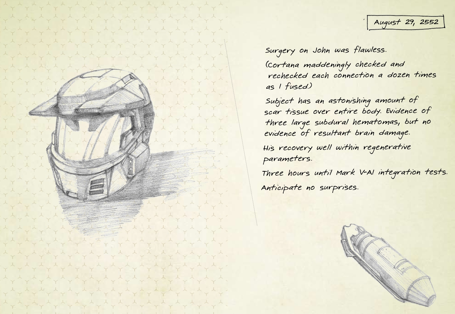 Image of Dr. Halsey's Journal entry regarding the Master Chief's surgery before the fall of Reach