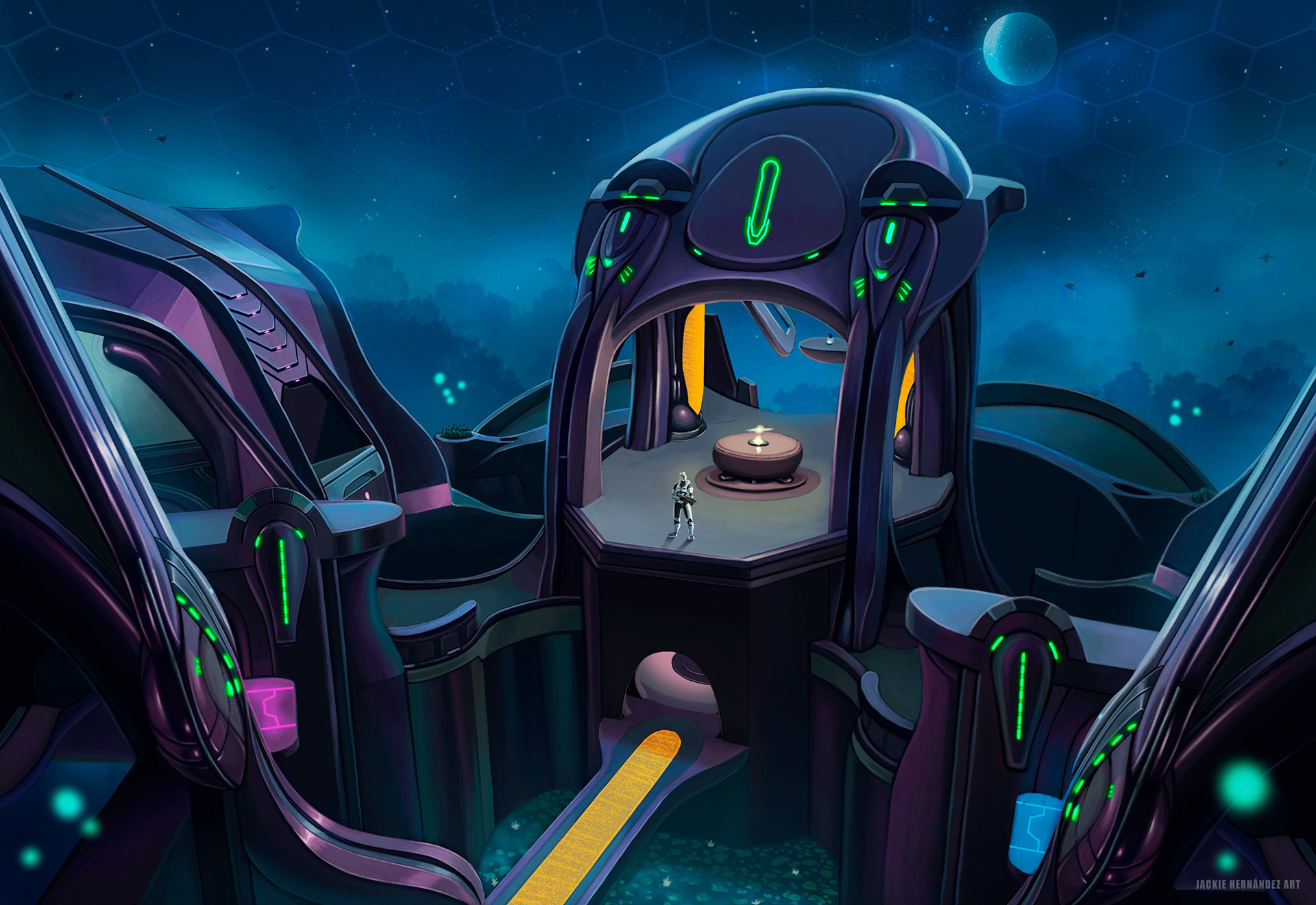 Art by JackieHernndez6. A scene from the custom Forge map "Abundance," depicting the interior of the Covenant ship Divine Abundance.
