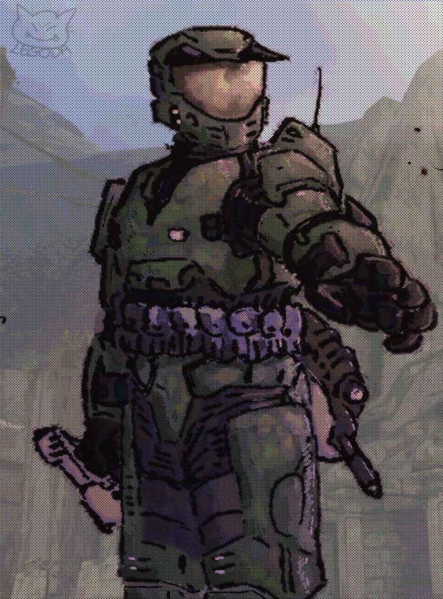 Art by Legoda07. A cartoon Master Chief reaches for an unseen object.