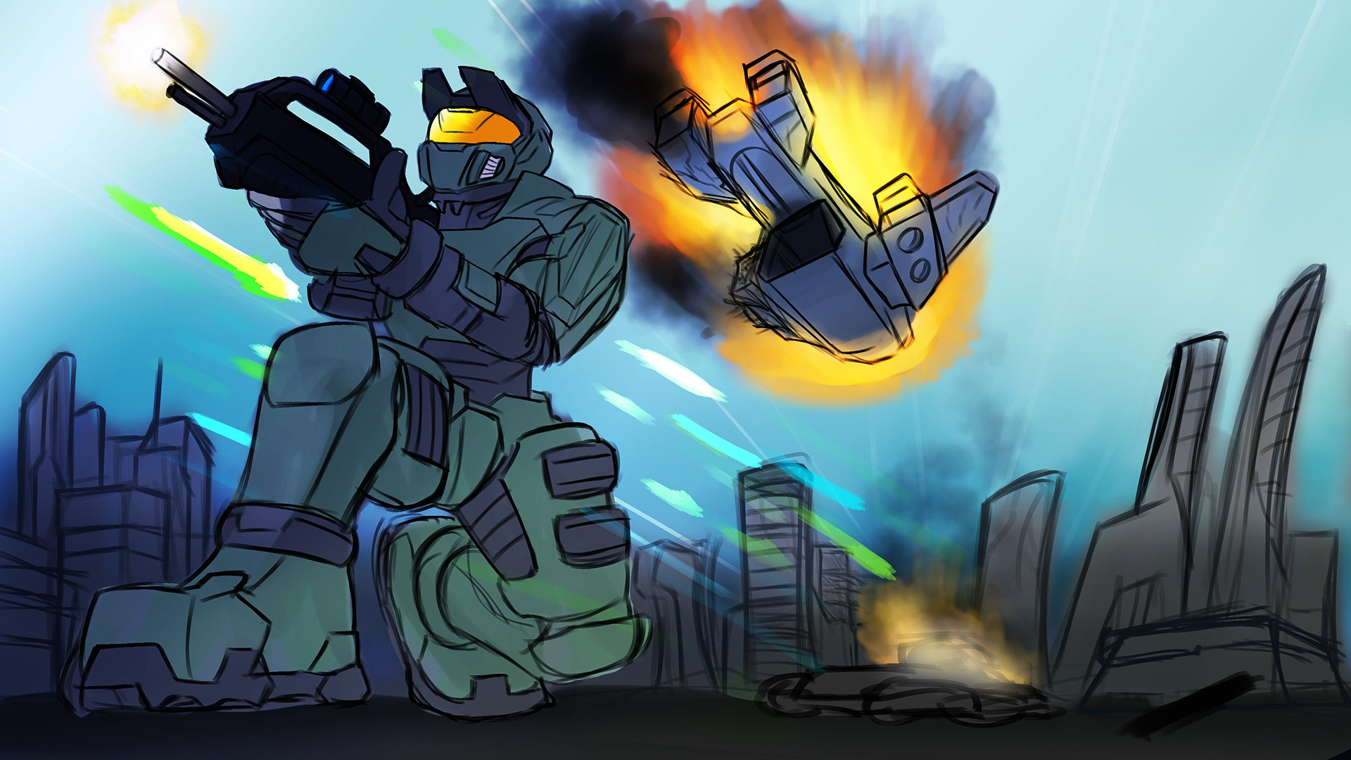 Art by Luxno_Art. The Master Chief braces for incoming fire as a burning Pelican soars overhead.