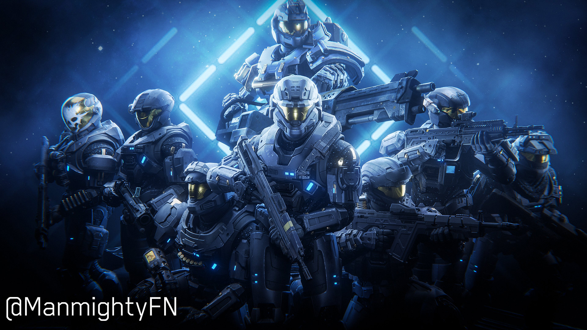 Art by ManmightyFN. The Spartan heroes of Halo: Reach are joined by other allies.