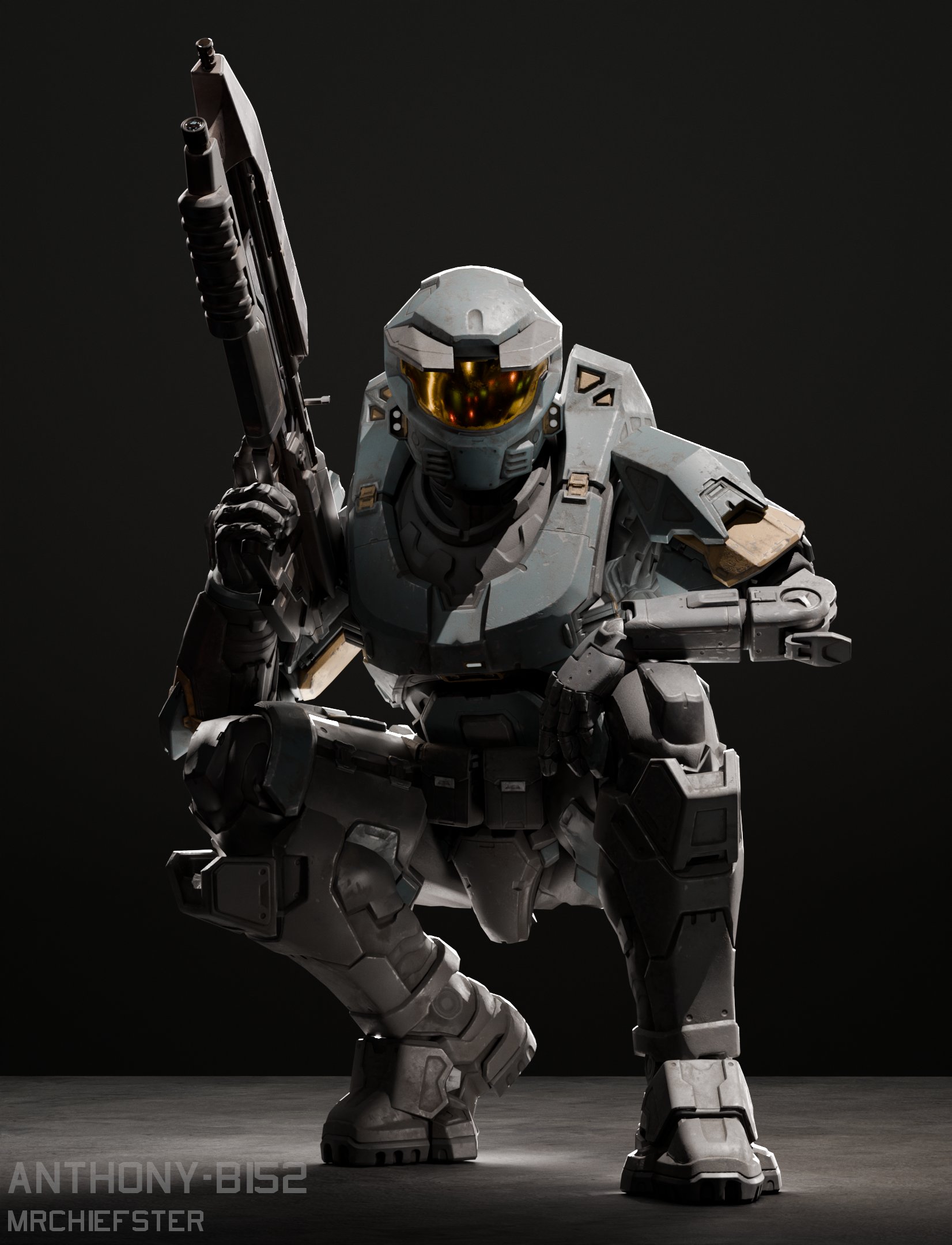 Art by MrChiefster1091. A custom Spartan OC crouches for a glamour shot.
