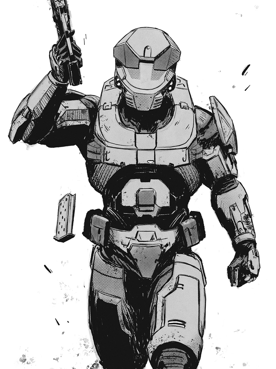 Art by NSClark. The Master Chief ejects the magazine of his weapon mid-stride.
