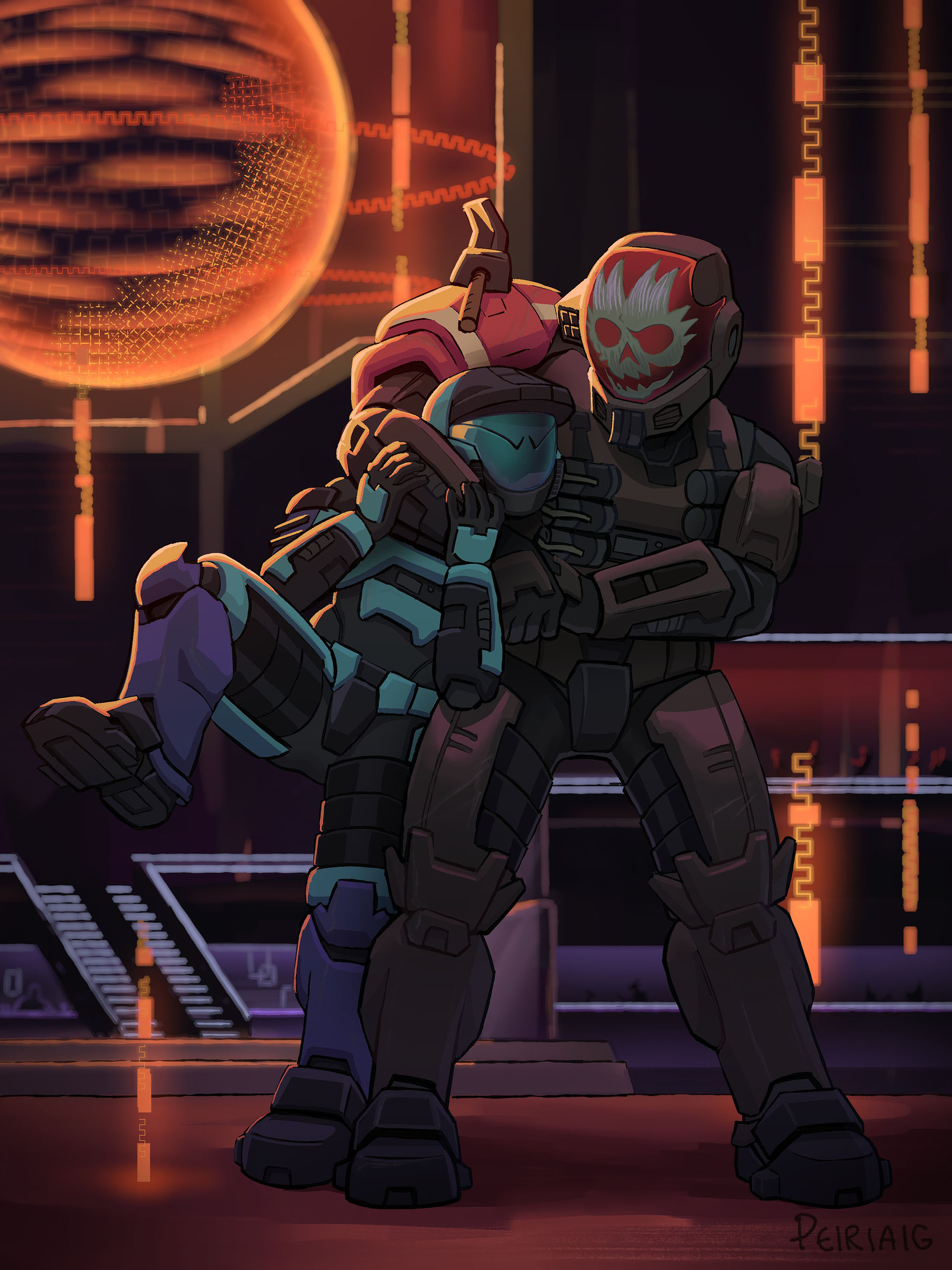 Art by Peiriaig. Emile-A239 takes an ally in a friendly headlock.