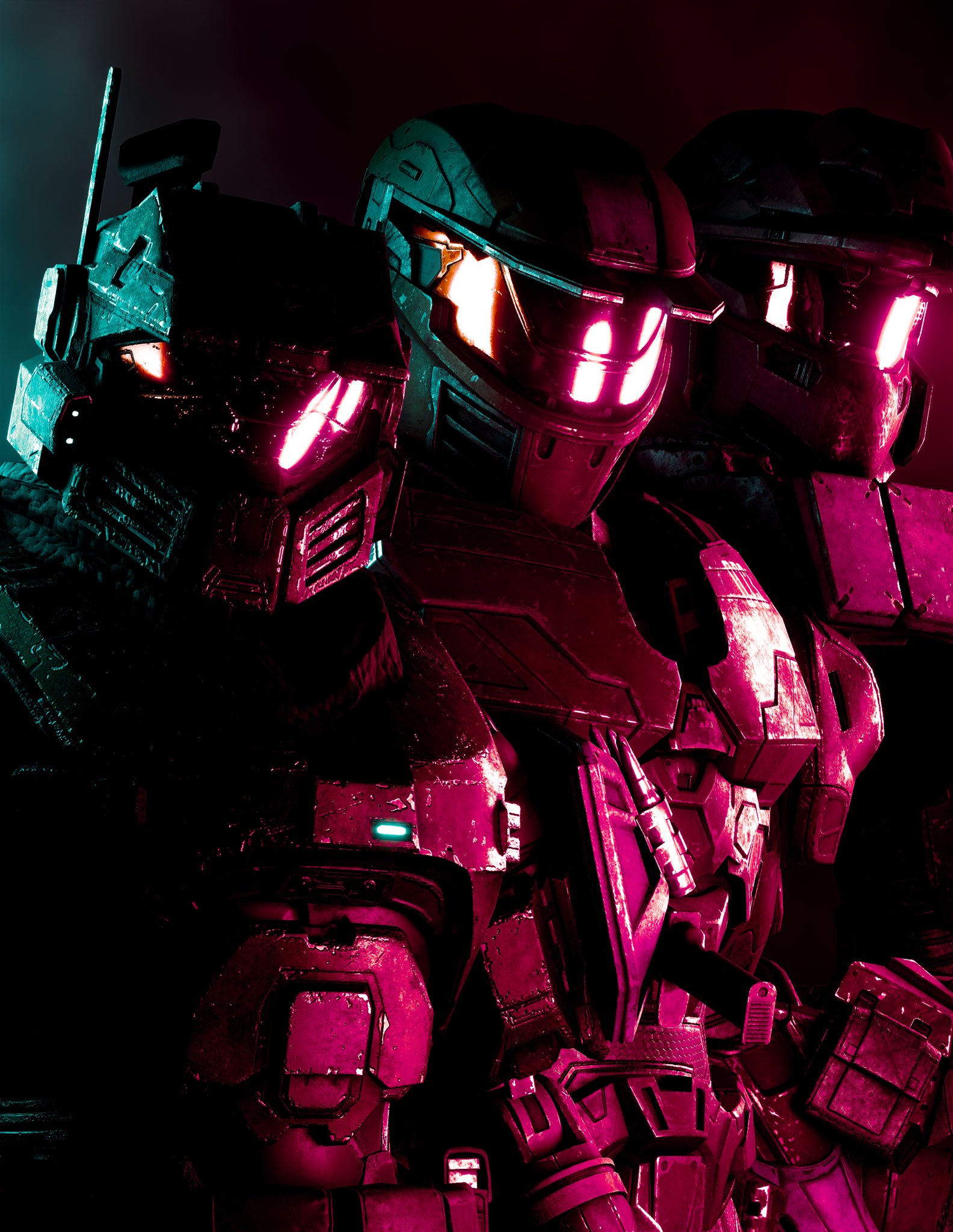 Art by QStricker32487. Three Spartans stand in a line, bathed in magenta light.