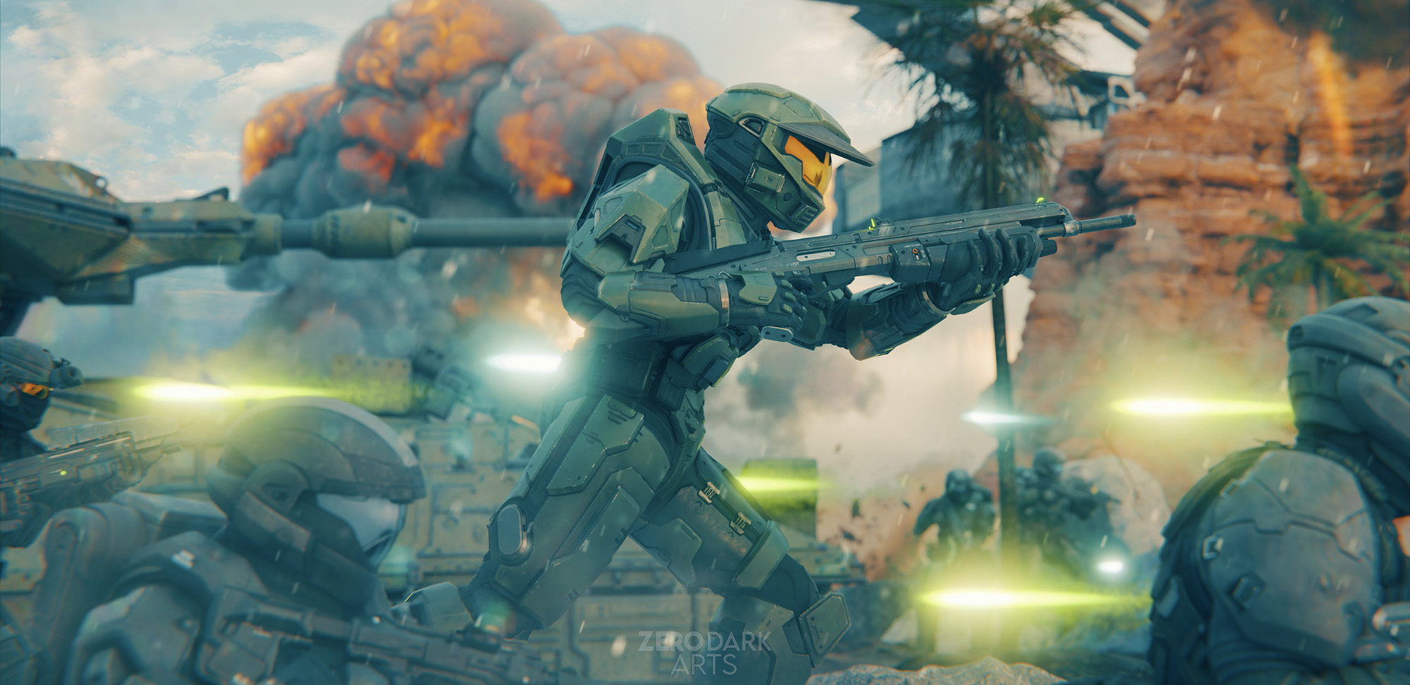 Art by RealOscarMike. The Master Chief races into frenzied combat beside UNSC allies.