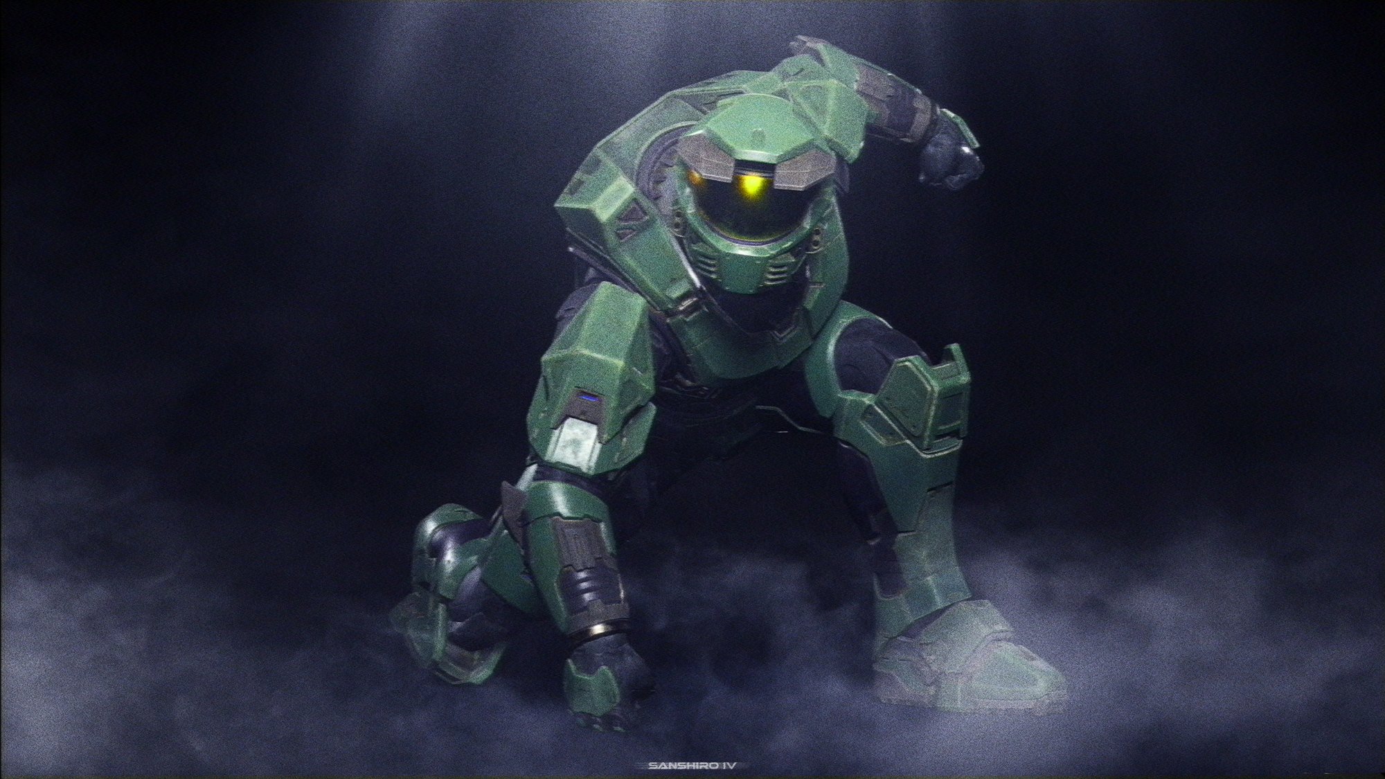 Art by Sanshiro3D. The Master Chief lunges forward, smashing the ground with a fist.