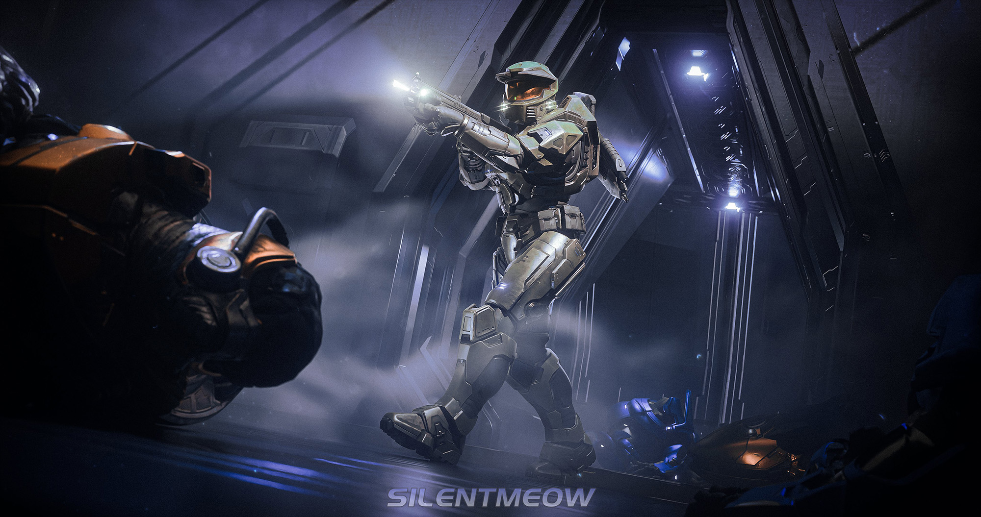 Art by Silent1Meow. The Master Chief advances down a Forerunner hall, stepping over fallen Covenant enemies.