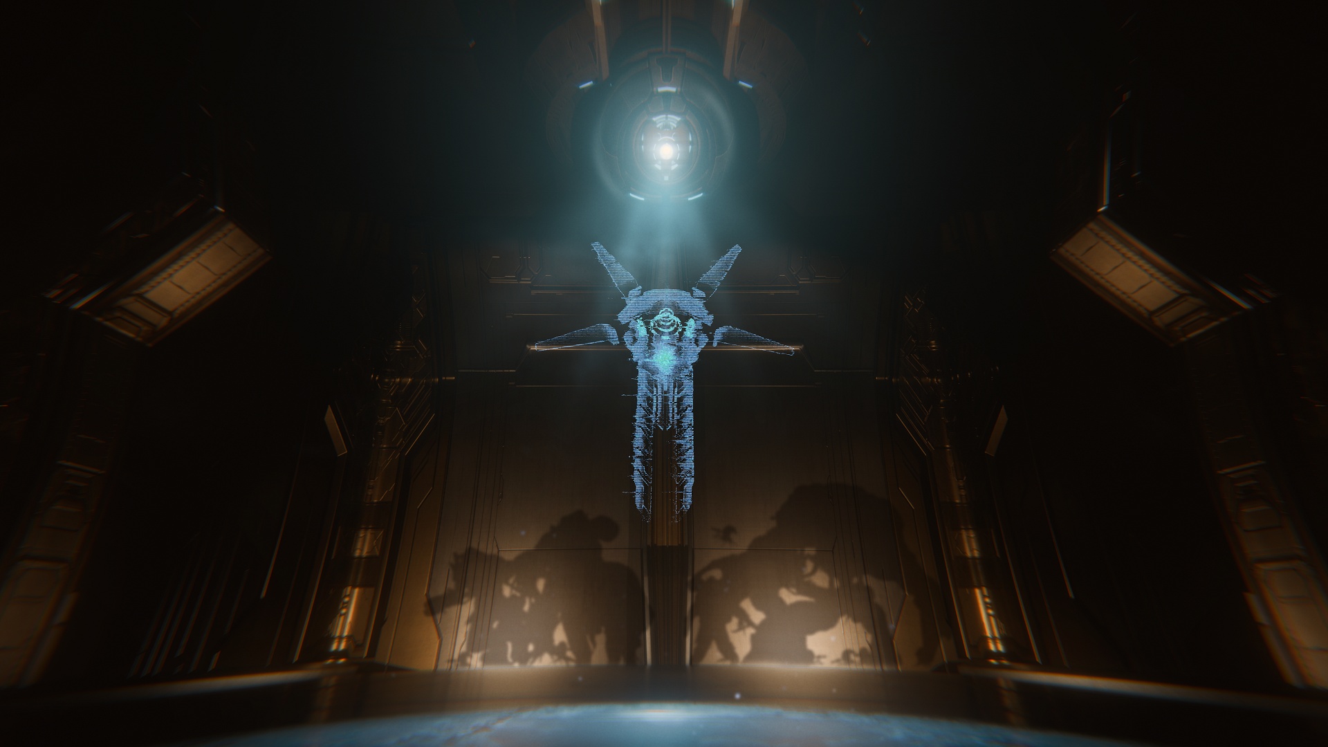Still Midnight image of a facility on Zeta Halo with submonitor Adjutant Repose, a hologram of Offensive Bias, and silhouettes of Flood forms on the wall
