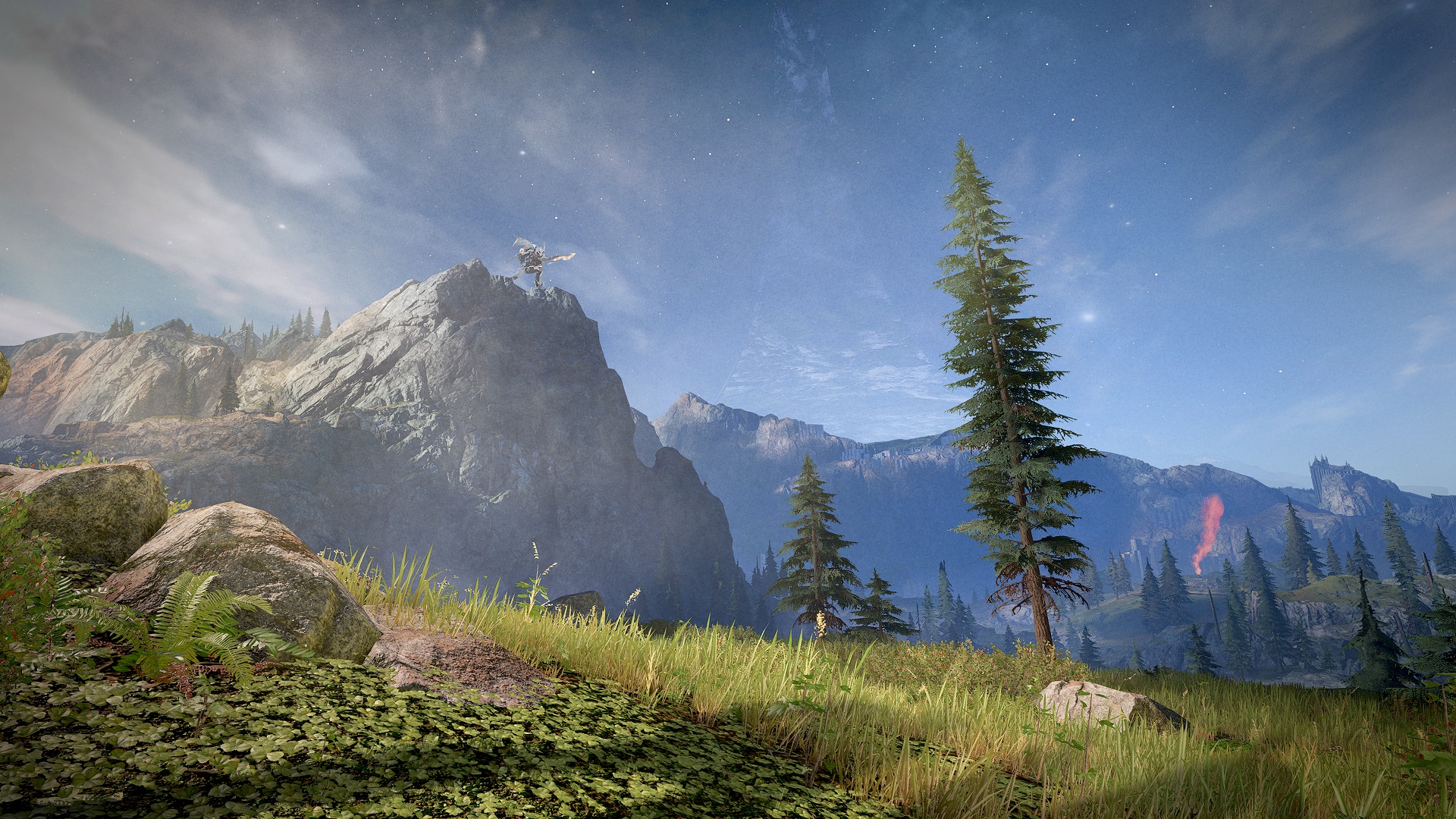 Still Midnight image of the verdant surface of Zeta Halo with a Promethean Knight on a hill