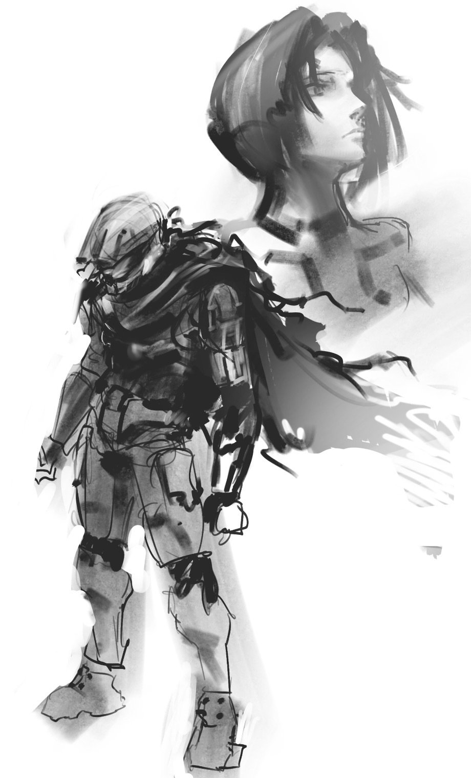 Art by TETRIS_0707. A poncho-clad Master Chief lowers his head in shame. Behind, above, and partially invisible, Cortana looks off into the distance.