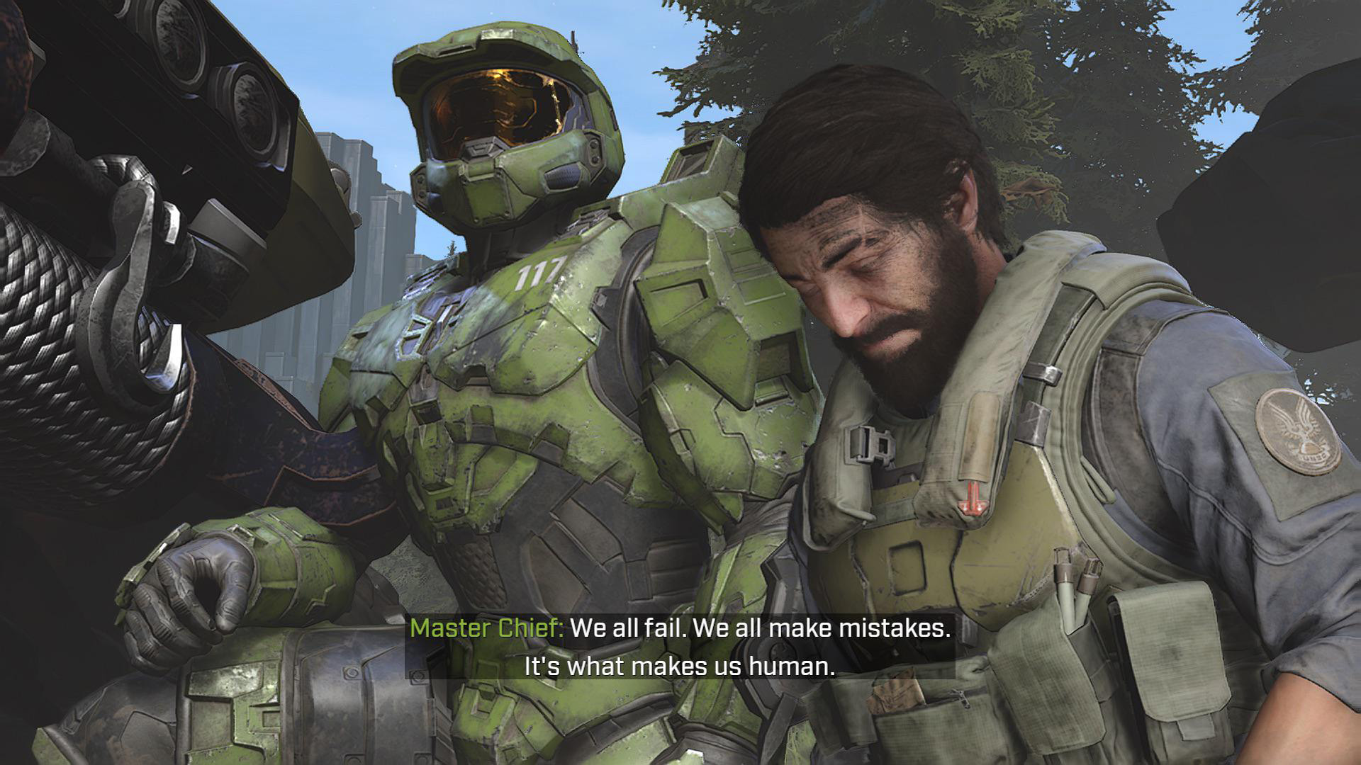 Still from a gameplay video by TechSoldier777. The Master Chief and Fernando Esparza discuss human weakness with a Warthog's bumper mere inches from their faces.