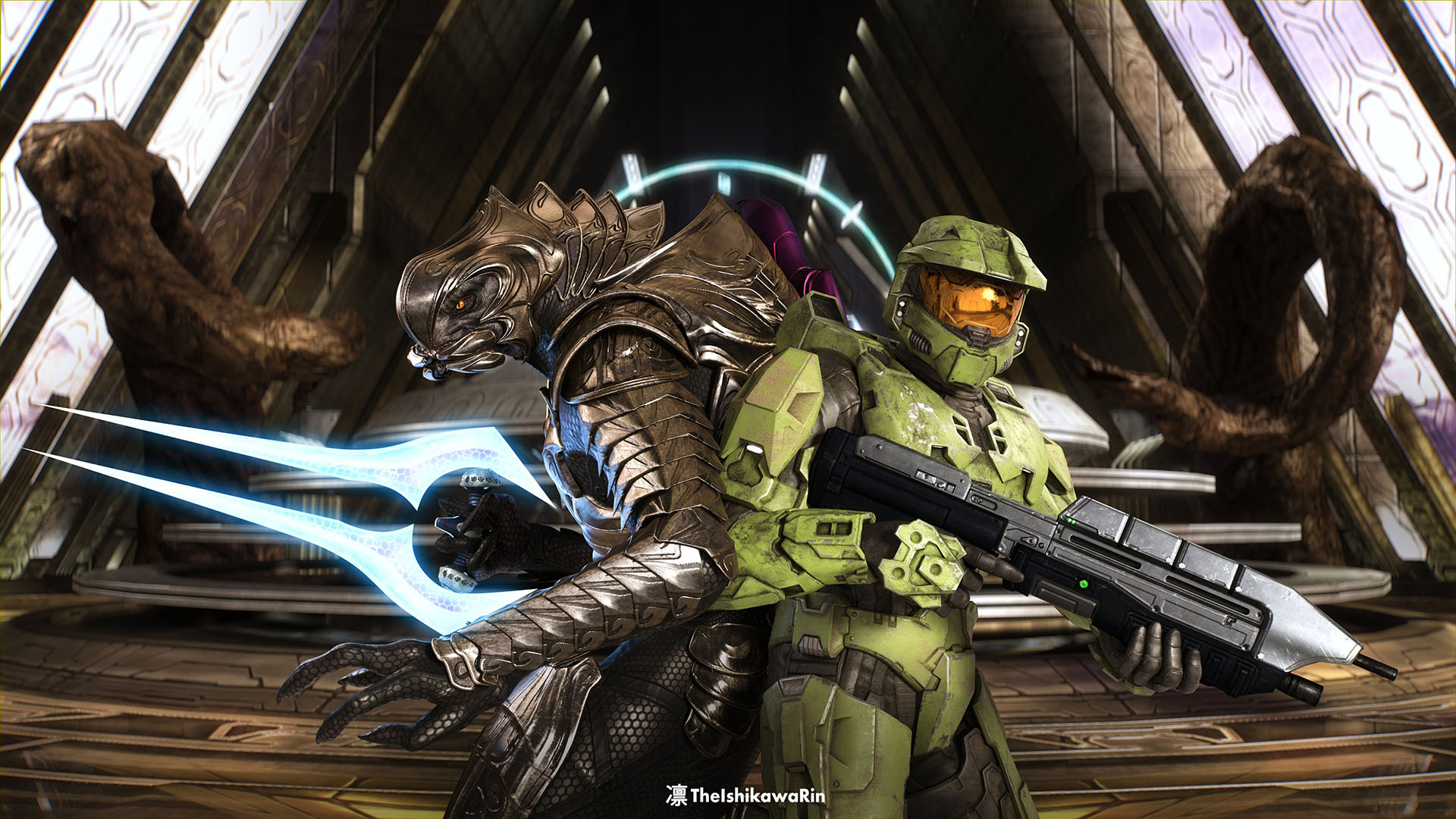 Art by TheIshikawaRin. A rendering of the Master Chief and the Arbiter, as seen back to back, ensnared by the Gravemind in the finale of Halo 3.