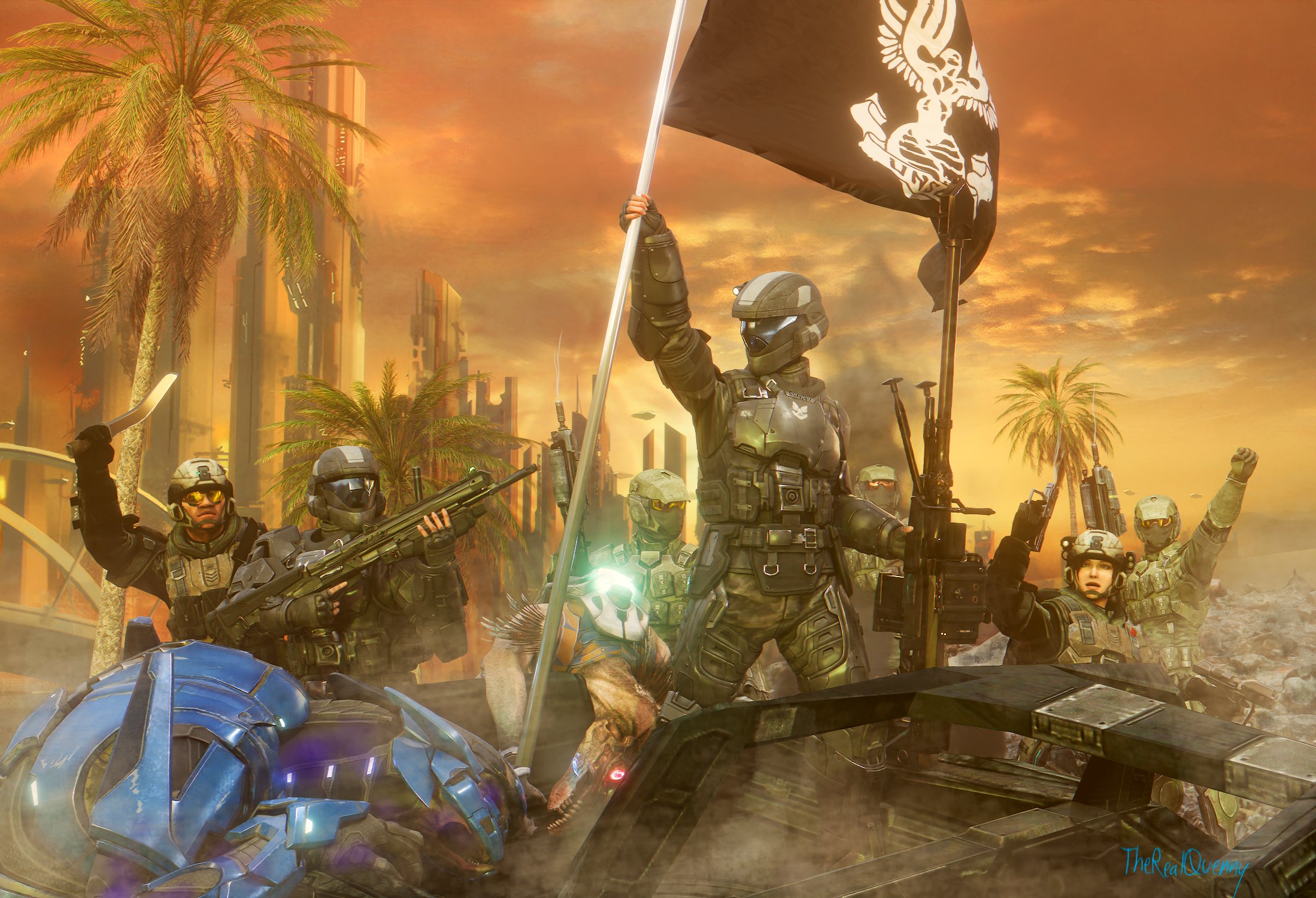 Art by TheRealQuenny. UNSC forces raise a flag over a liberated New Mombasa.