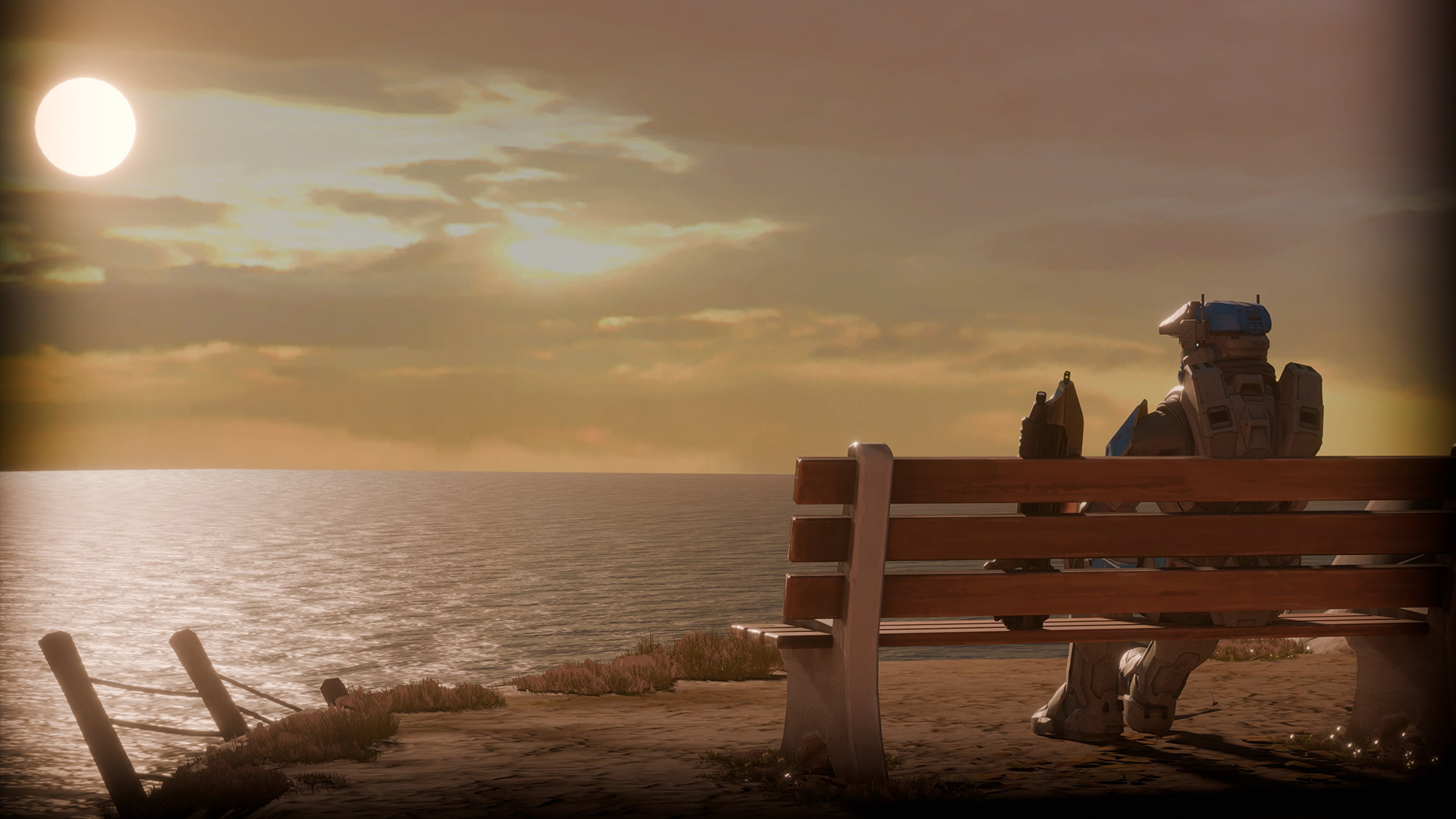 Art by TheTardisGal. A Spartan sits on a park bench overlooking a calm ocean at sunset.