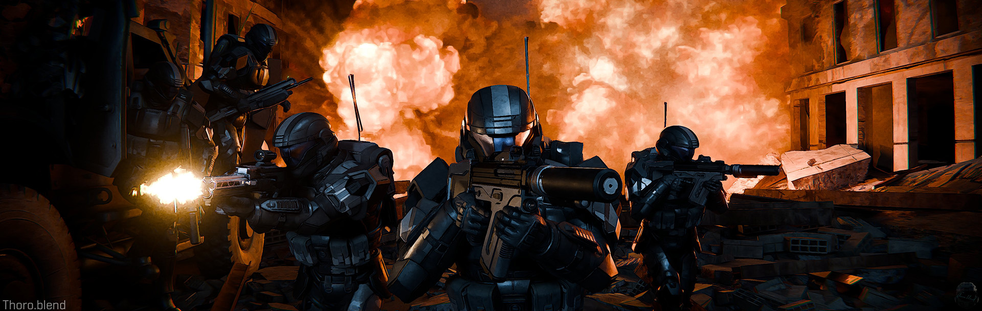 Art by Thoro_blend. ODSTs move out in formation through a destroyed city, followed by a raging inferno.