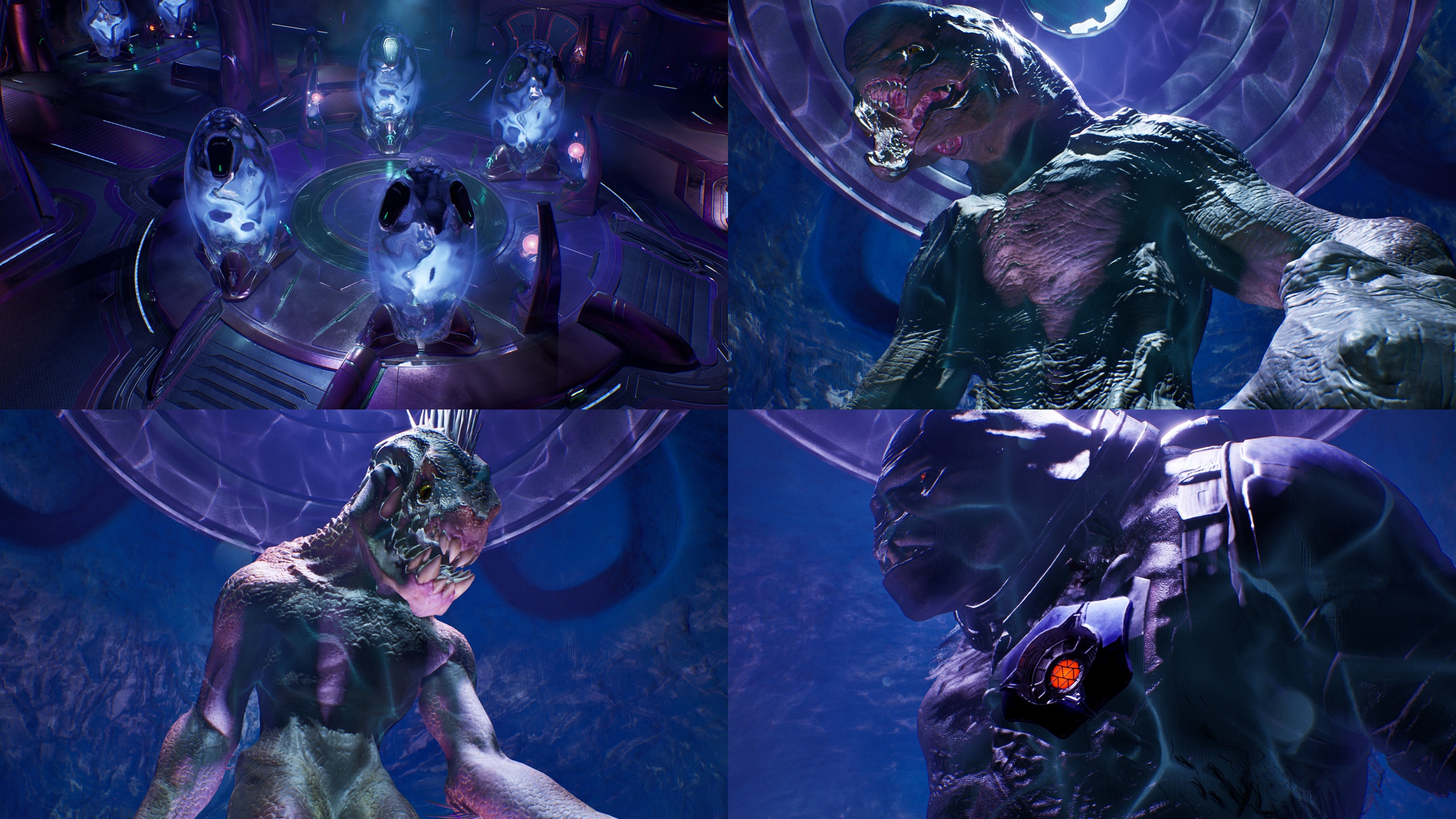 Halo: Campaign Evolved screenshots of an Elite, Jackal, and Brute inside the Minister of Harmony's pods