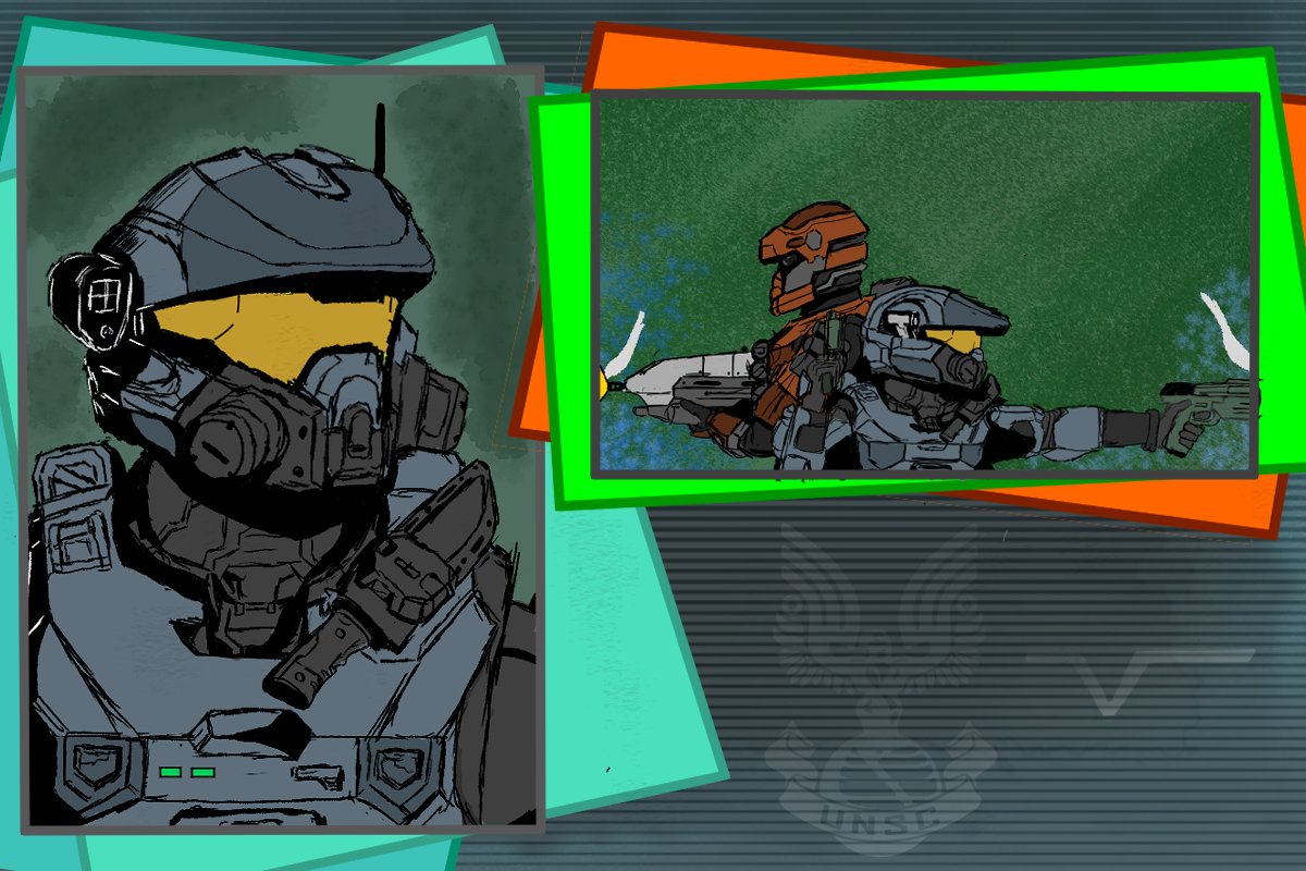 Art by UrFriendVergil. In diptych framing, Spartan OCs fire at unseen foes beside a close-up portrait of one of the heroes.