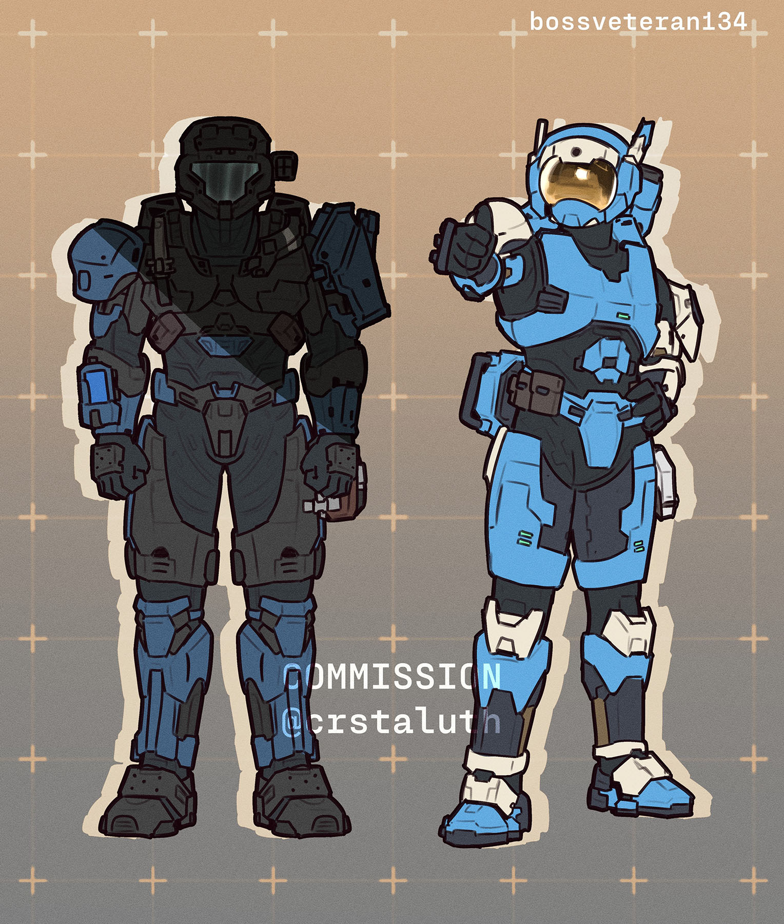 Art by bossveteran_134. Two Spartans drawn in stylized cartoon.
