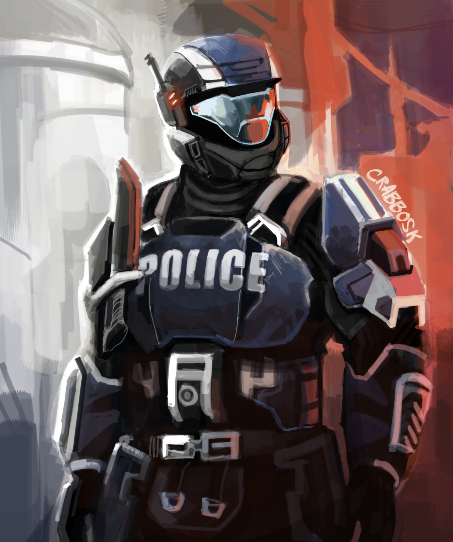 Art by Crabbosk. A New Mombasa police officer wearing ODST armor.