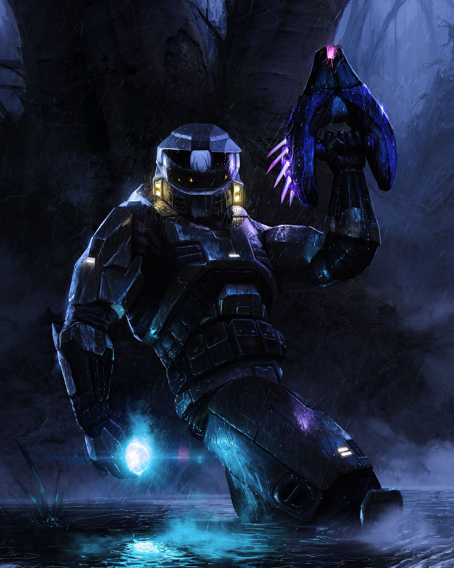 Art by edsfoxart. The Master Chief stands knee-deep in water holding a glowing plasma grenade and a Needler.
