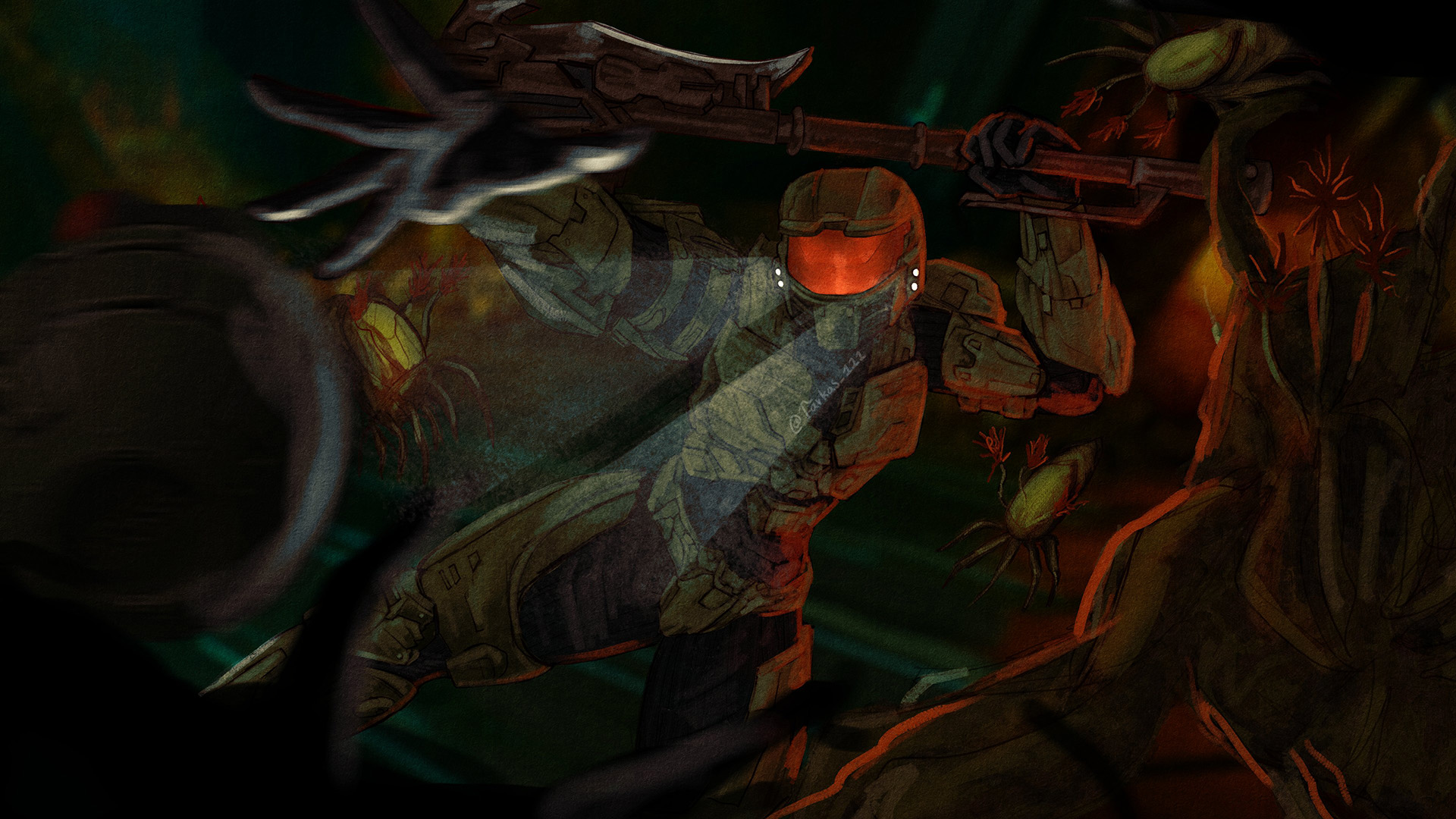 Art by farkas_111. The Master Chief swings a gravity hammer at encroaching Flood.
