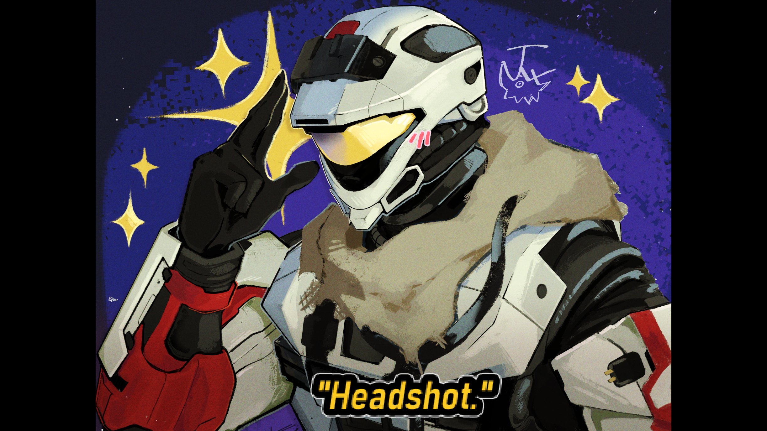 Art by jaxbeetle. A Spartan taps their helmet and says "Headshot."