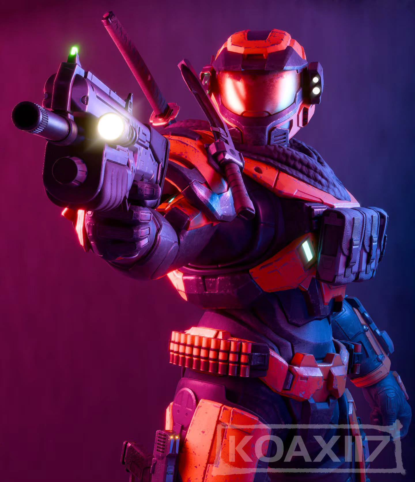 Art by koax117. A hardcore Spartan with multiple backup weapons aims a shotgun.