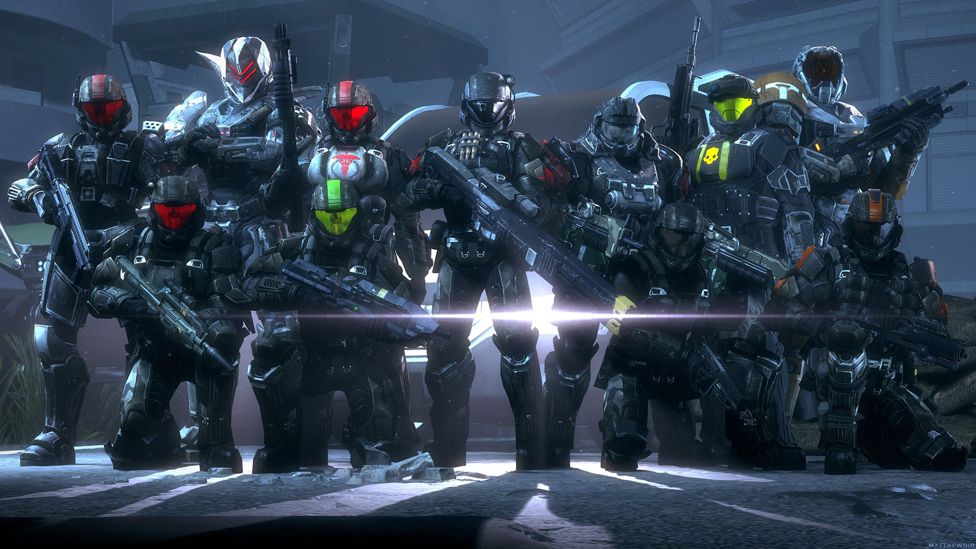 Art by matthewo1o. A stylized UNSC Fireteam composed of ODSTs and Spartans poses for a group photo.