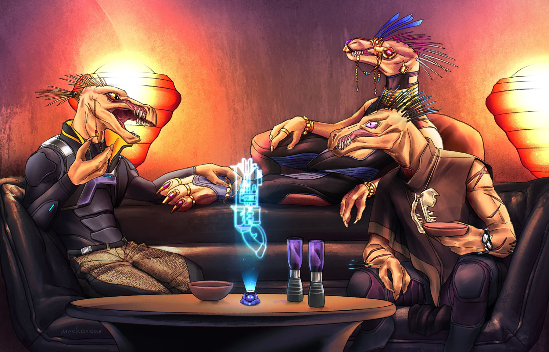 Art by mecharoar. Three Jackals in a booth discuss a weapon depicted on a holographic device.