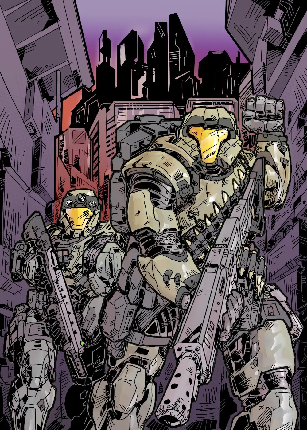 Art by natezilla. Two heavily stylized Spartans advance down a city alleyway. The lead Spartan totes a chain gun and signals to freeze.