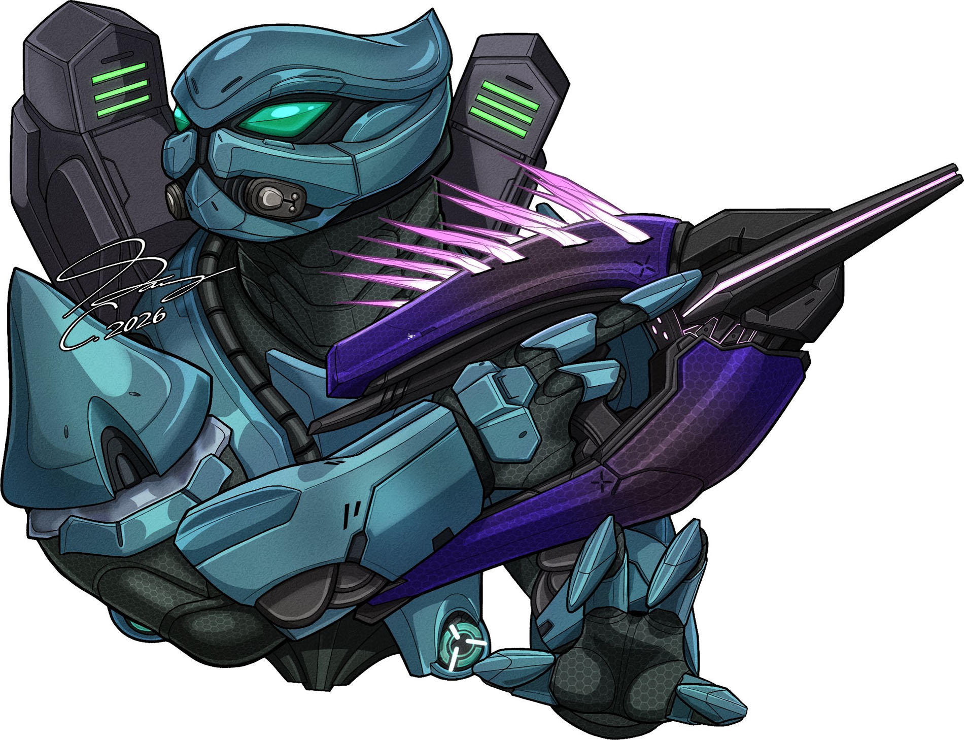 Art by pickledgear. A Sangheili Ranger wearing an anti-gravity pack brandishes a Needler.