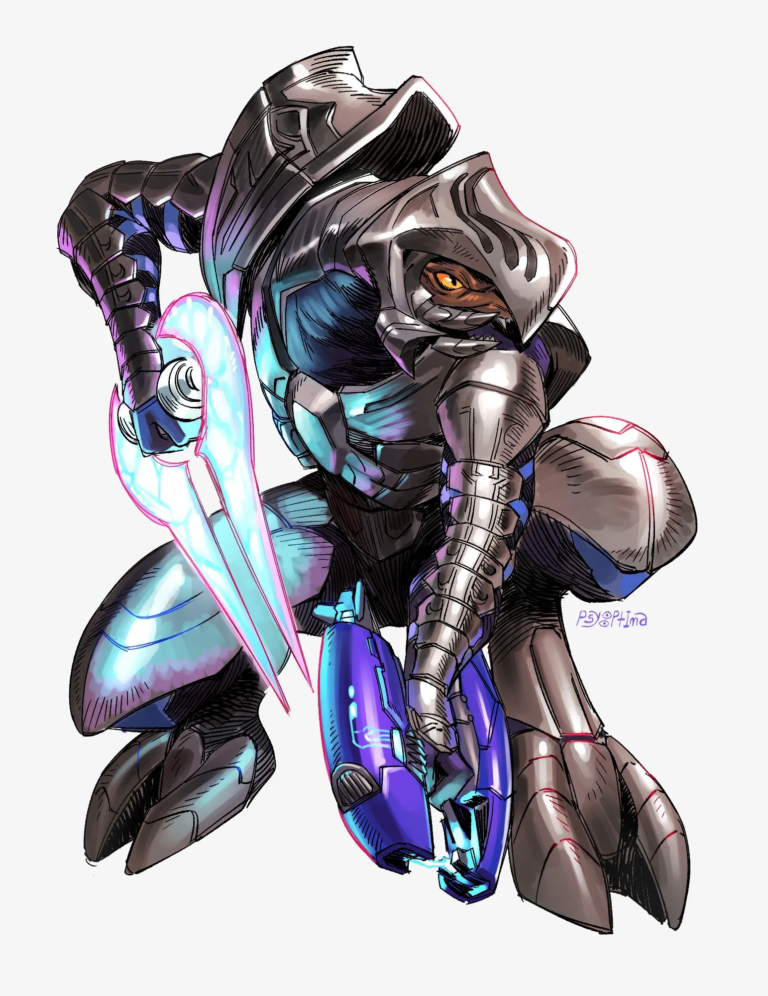 Art by psyoptima. The Arbiter crouches with weapons drawn.