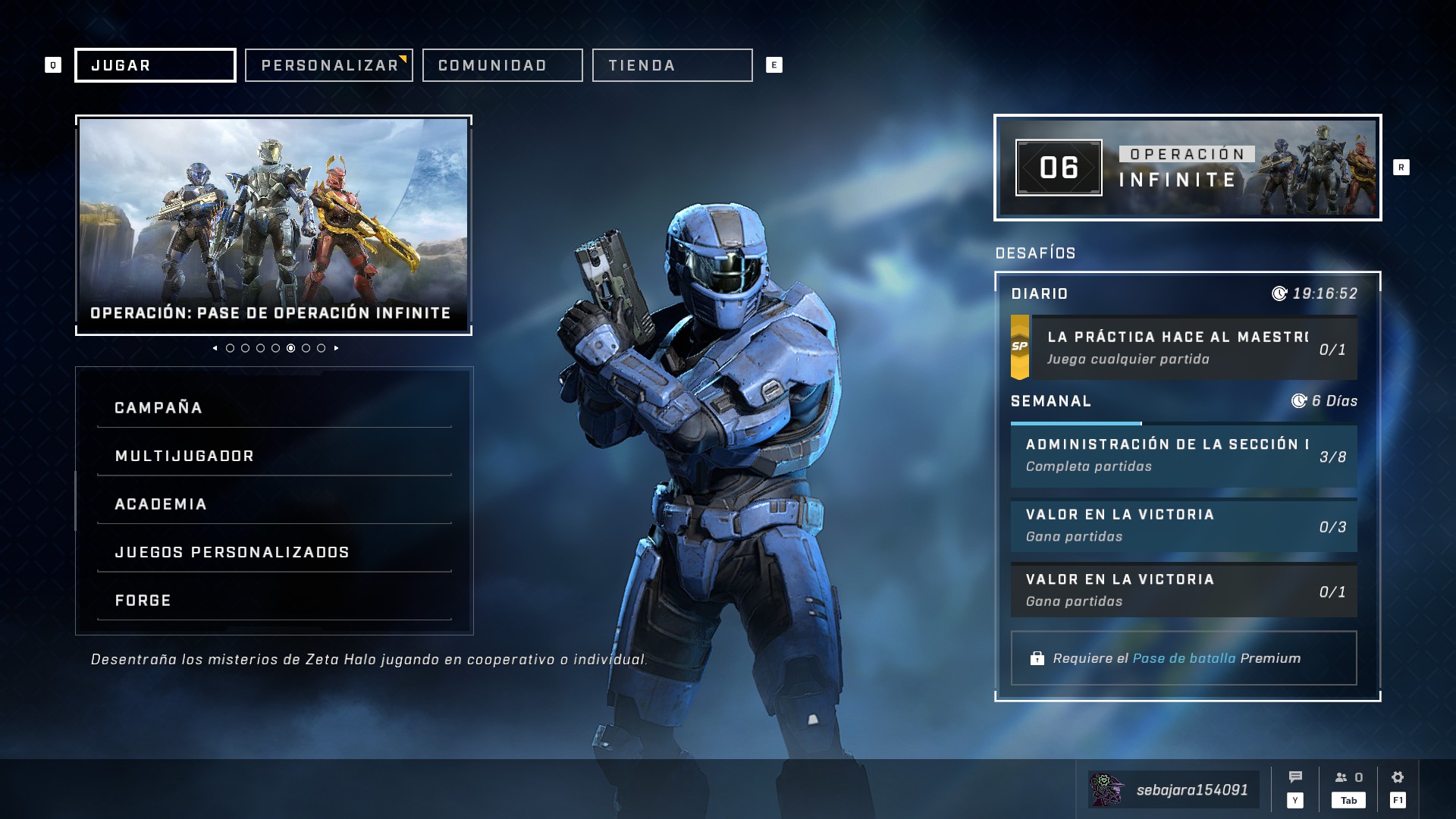 A multiplayer Spartan shared by sebajara154091, as seen in the main menu of Halo Infinite.