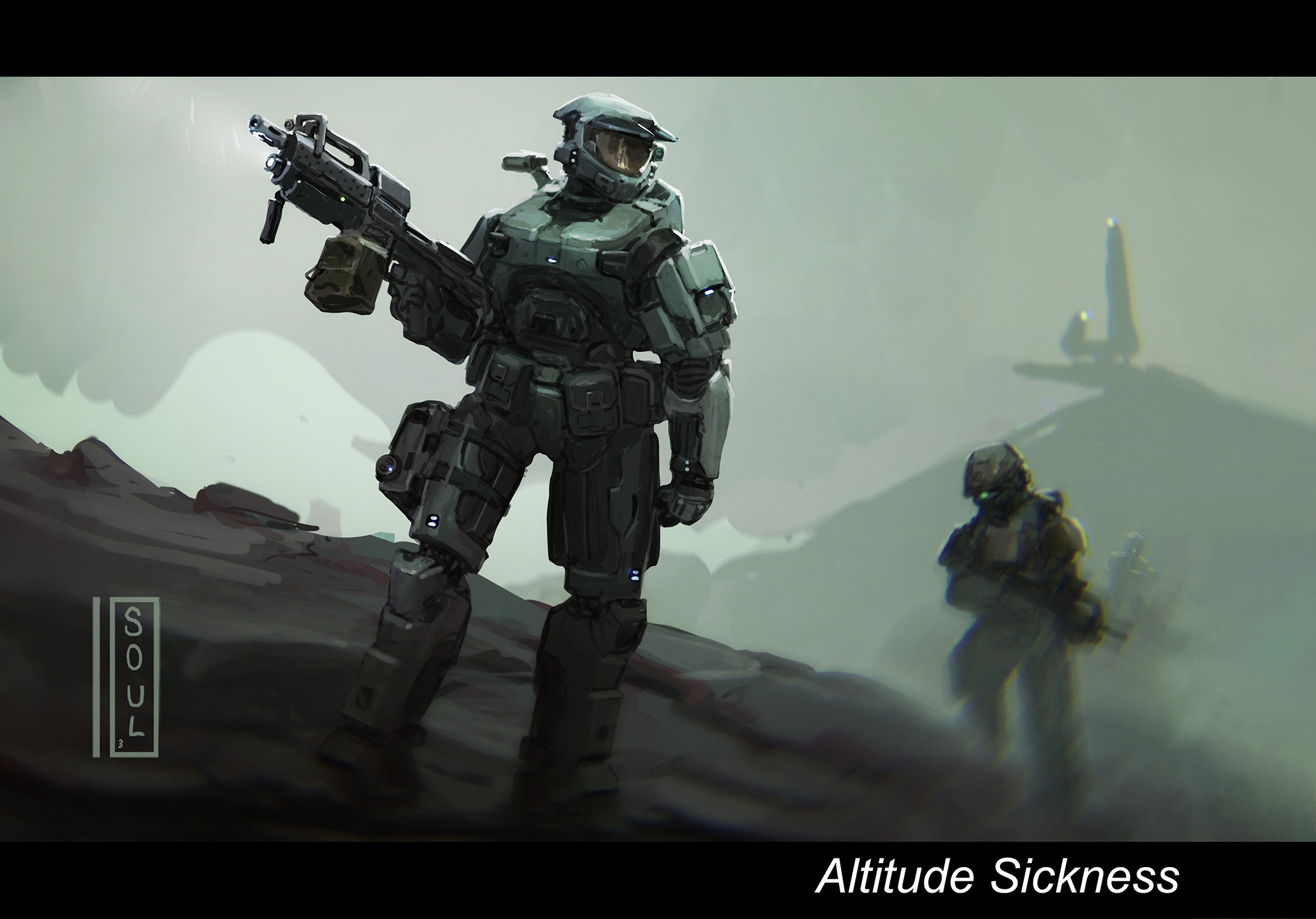 Art by soul_ant19. A Spartan leads a beleaguered Marine ally through a dense fog.