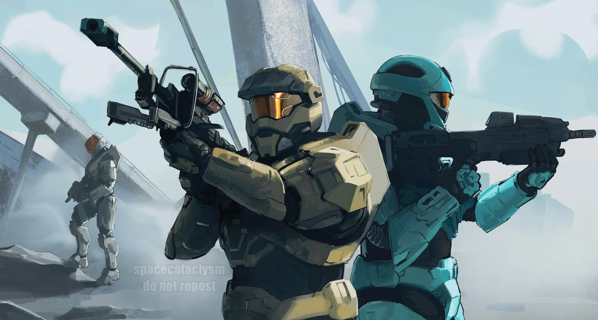 Art by spacecataclysm. A trio of Spartan OCs investigates a Forerunner installation wreathed in mist.