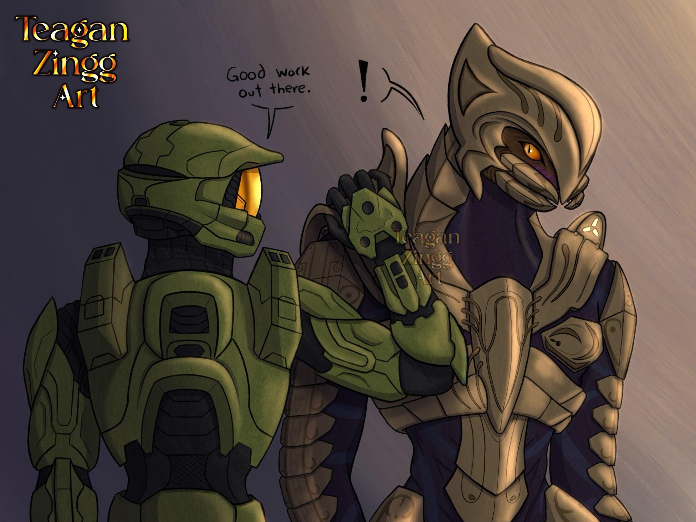 Art by teagan_zingg_art. The Master Chief lays a hand on the Arbiter's shoulder, saying, "Good work out there."