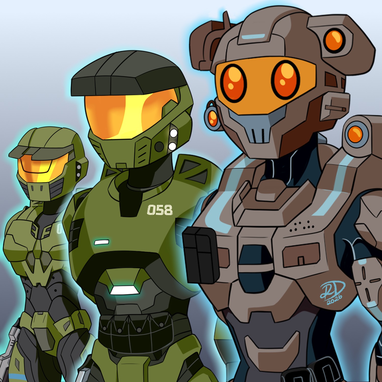 Art by thearcrod. Linda-058 appears in multiple armor designs.