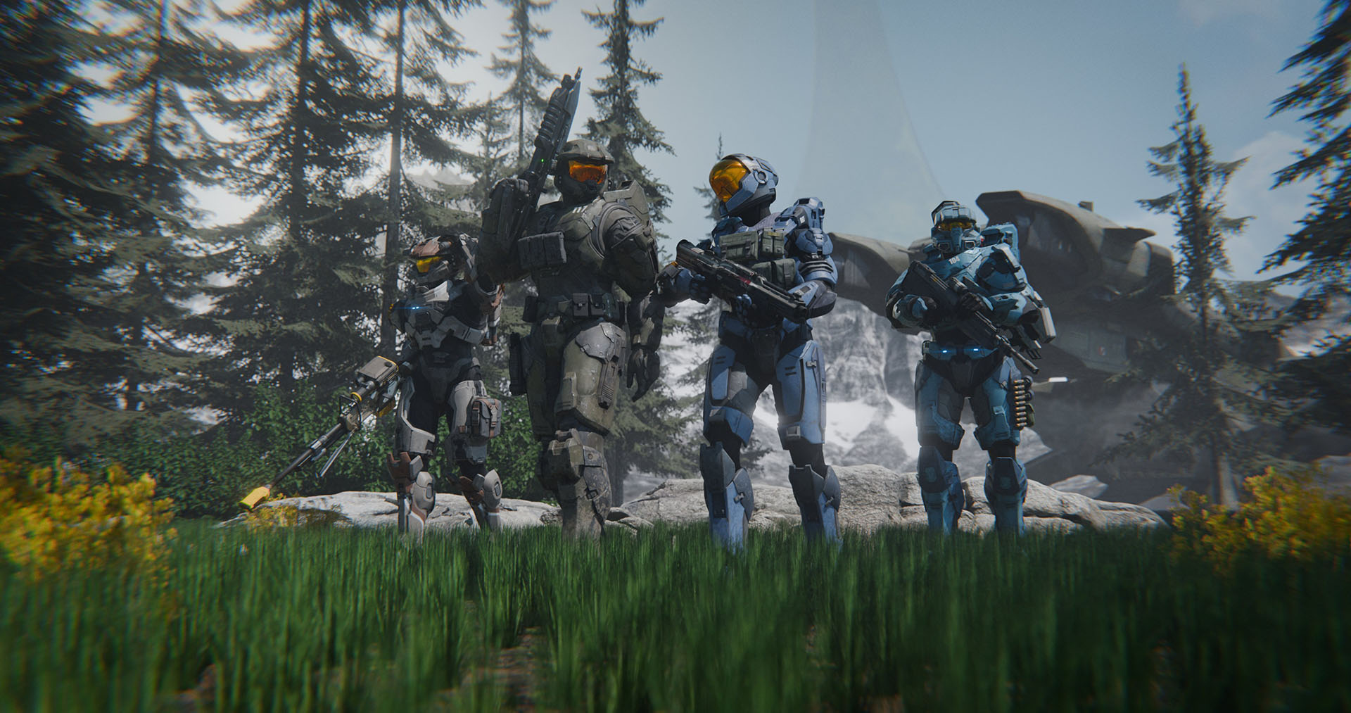 Art by thedaytimes117. Blue Team jovially disembarks from a Pelican to walk through an alpine meadow.