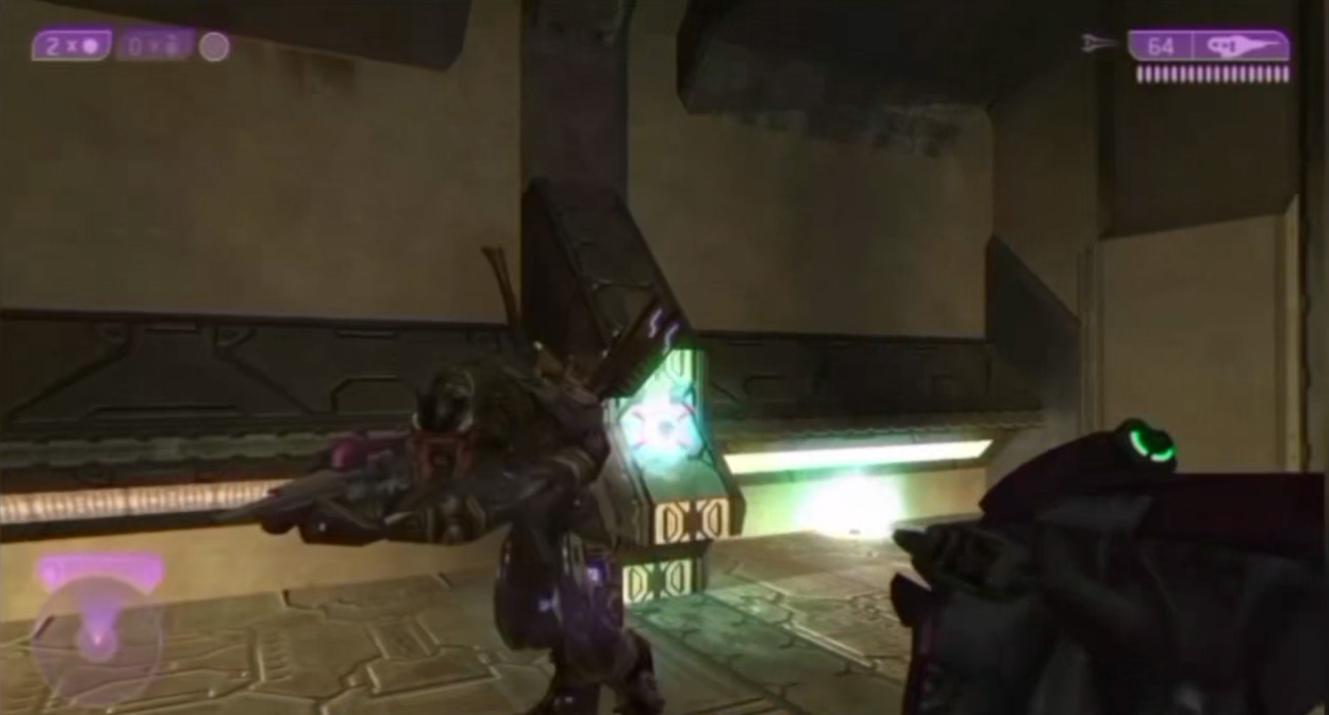 Still from a gameplay video by theuncertified. A plasma grenade bounces harmlessly off a foe and back at the player.