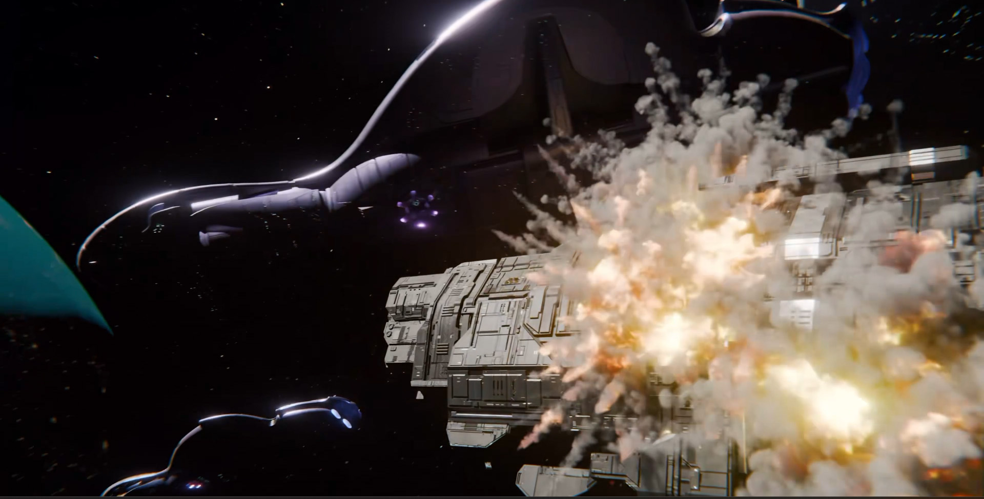 Video still from an animation by venturepictures and Hartwell_Design. A UNSC ship explodes under fire from a Covenant cruiser.