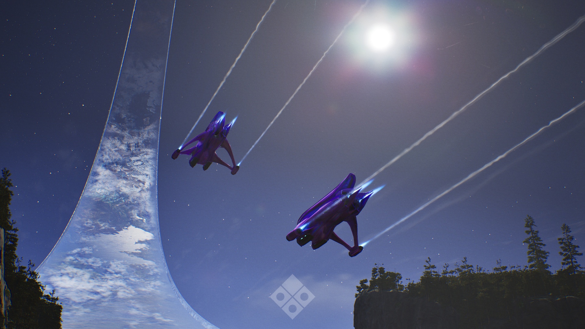 Halo: Campaign Evolved screenshot of two Banshee flying toward the Halo ring's horizon