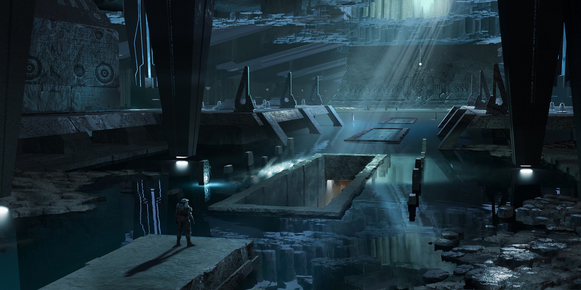 Art of the Master Chief in ancient underground ruins on Zeta Halo