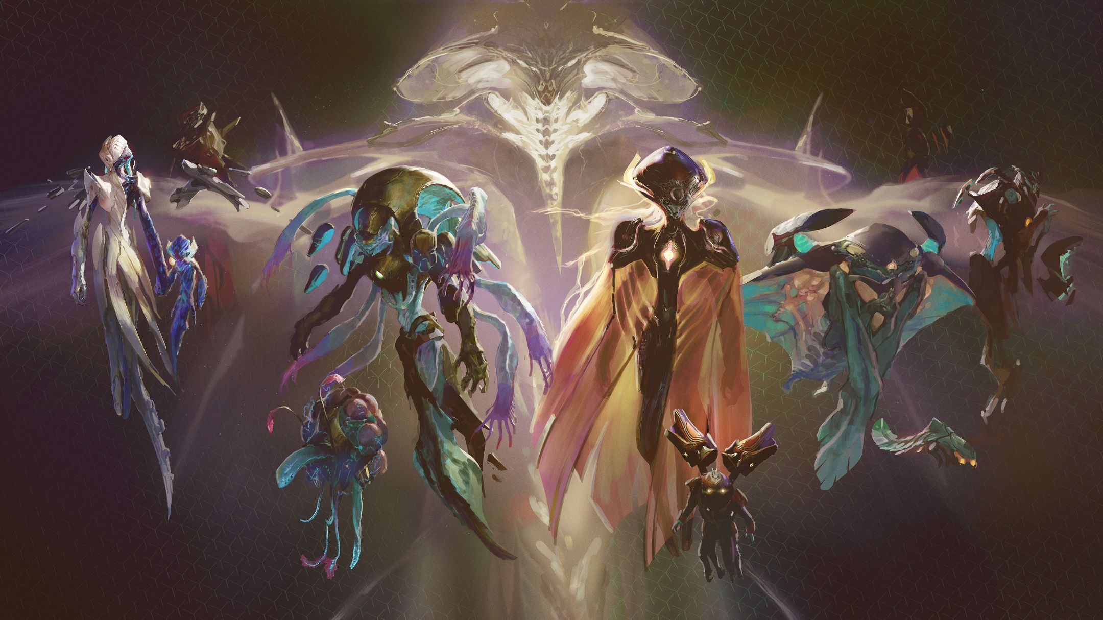 Art of the different Xalanyn emerging with their familiars and Abaddon in the background