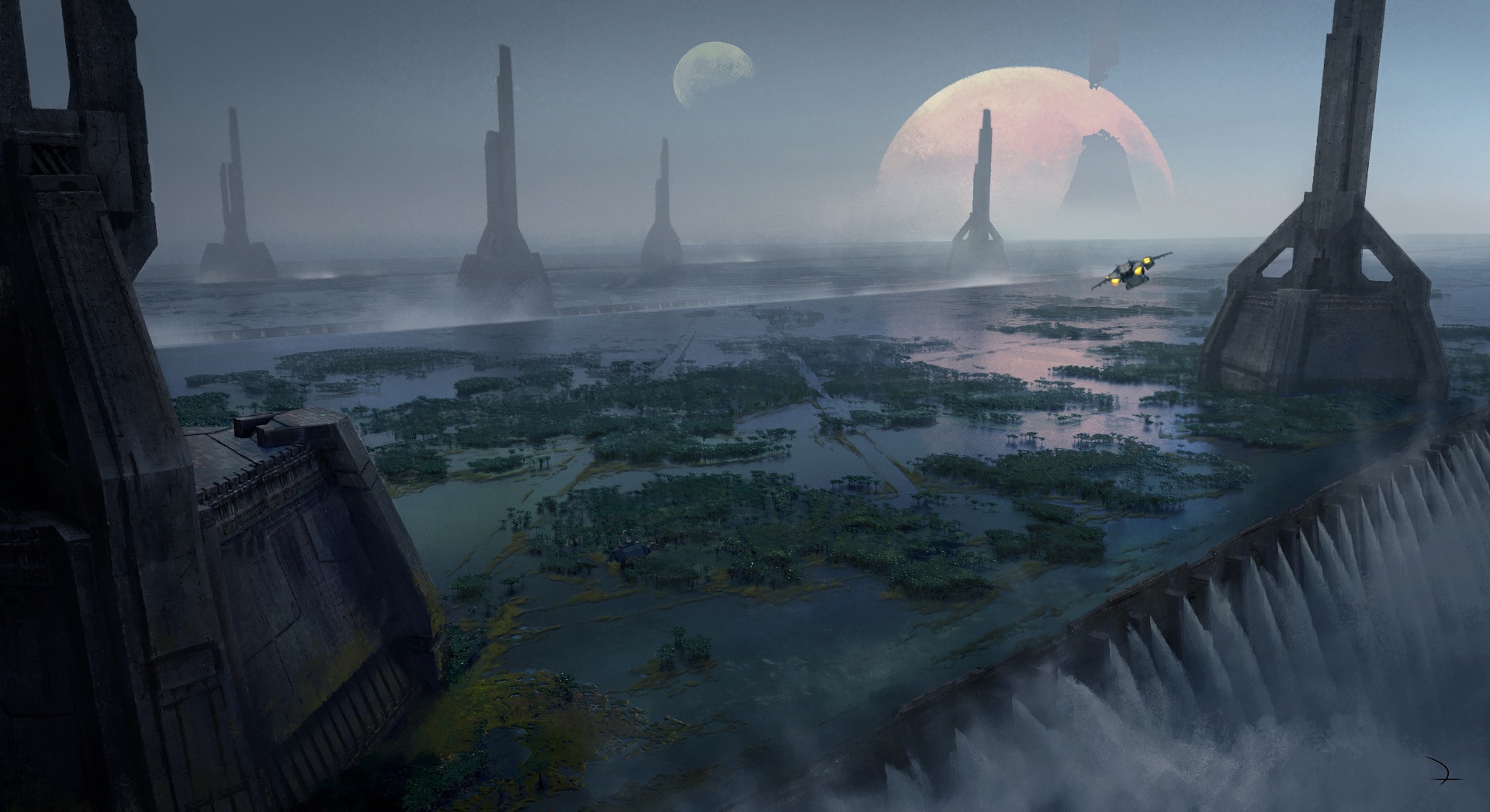 Art of Forerunner sea towers on Zeta Halo